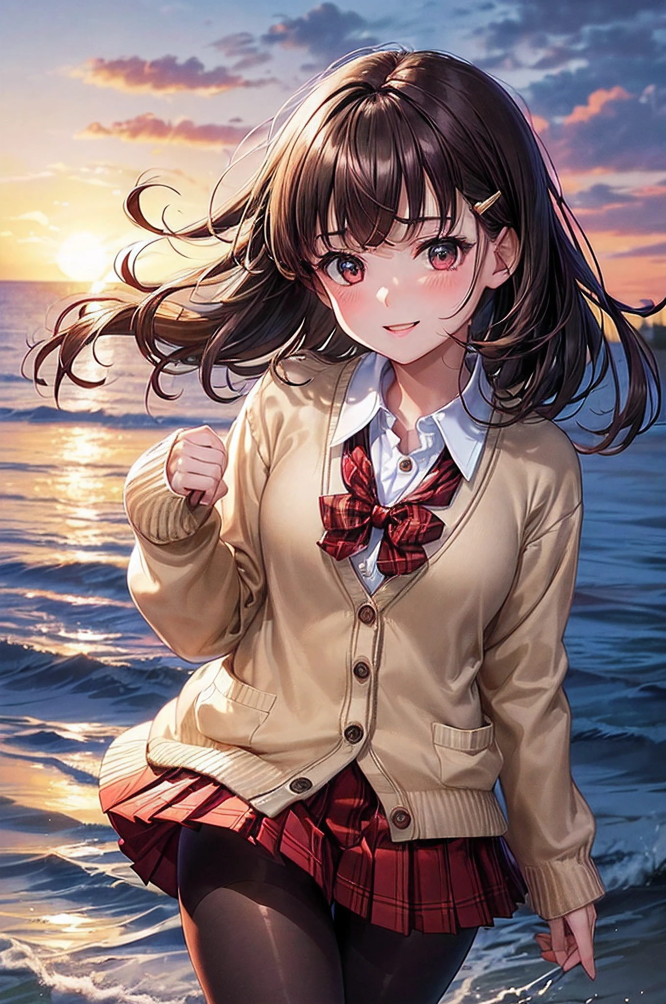 ((worst quality, low-quality)), masutepiece,Best Quality,ultra-detailliert,​masterpiece, (Beautiful sunset), (the beach), (The surface of the sea sparkles), (Sunset sea background), (Beach), ((a closeup)), (girl with:1.2), (A dark-haired, short-cut:1.3), (Dynamic Pose:1.2), (School Uniforms:1.2), (Beige cardigan fits the body:1.4), ((Long sleeve, sleeves past wrists):1.2), (White collar shirt underneath:1.3), ((Raise button, Not loose):1.5),(red plaid pleated skirt:1.3), ((Dark Brown Pantyhose Afers):1.2), plump shiny lips, Beautiful clear eyes, (The best smile), Spoken Heart,