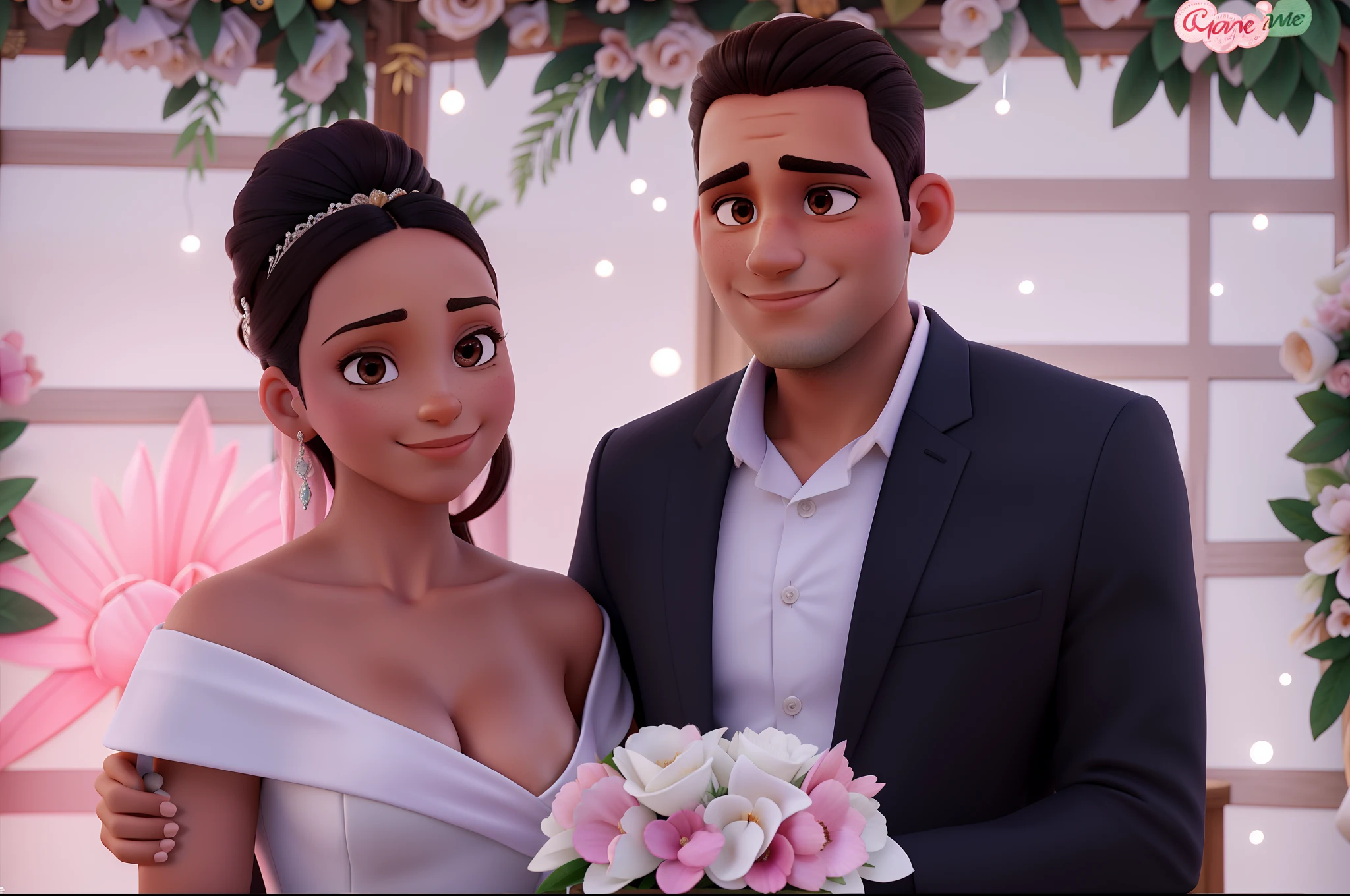 Uma mulher morena e um homem vestindo roupas de casamento com fundo de painel