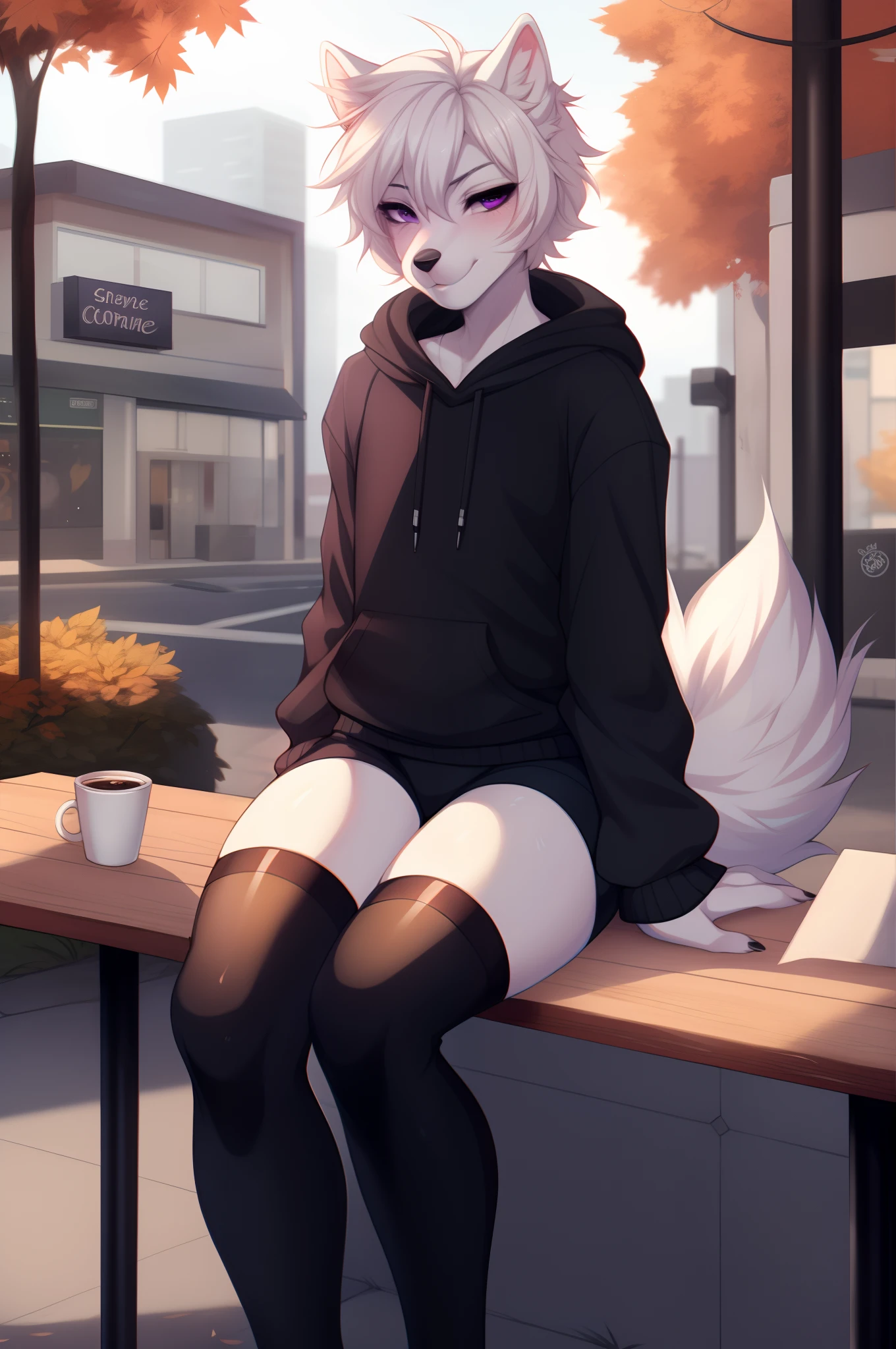 Solo, white male wolf, All white furry body, purple eyes, white wolf tail, short white hair, feminine, slender body, femboy, wearing big pink baggy hoody, black shorts, long black thigh high socks, converse shoes, sitting outside of a coffee shop, sitting at a small table, outdoors, cup of coffee on table, urban setting, soft lighting, autumn season, high definition, 4k hd, by fumiko, by hyattlen, by claweddrip