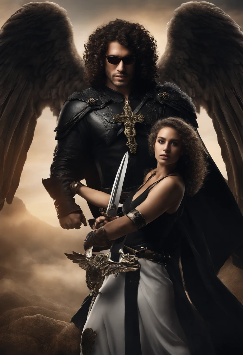 Curly haired man with skinny glasses wearing cross necklace with black outfit next to warrior angel with sword, trajado Cenario Cinematografico anbiente escuro, posicionado pra guerra preto e branco full hd