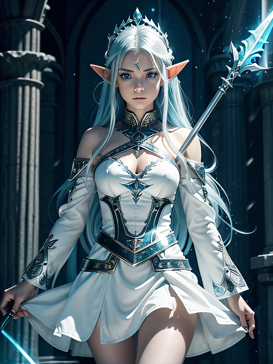 elf, Blue-eyed girl, the anime, pixie, A girl, a goddess, Goddess of Magic, White long hair, Cyan eyes, Youthful appearance, Attractive cute appearance, Short clothes with metal embellishments, Battle Dress, White dress with black embellishments, Divine Dress, open shoulders, Long wide sleeves, open thighs, Boots with decorations, Mini Dress, dress with metal, white eyelashes, Beautiful Magic Open Dress, design, polearm, Magic Spear, ice, Magic, Fantasy, Medieval times, Stone Dark Room, darkness, beautiful look, Emotionless face, Severity, Cold, Cold lighting, in full height, in a dance pose, water, ominous vibe, Evil Is All Around, duplicity