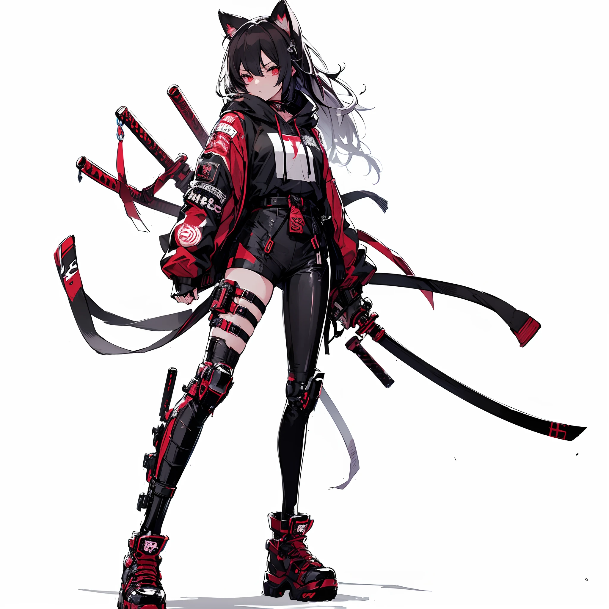 (masutepiece, Best Quality), (Perfect athlete body:1.2), (detailed hairs), Ultra-detailed, Anime style, Full body, Cyberpunk was a fox ninja girl, Wear red, black, and white street punk wear, many swords, Wear long boots, 8K High Resolution, trend artstation, White background, Standing in the wasteland, Whole body,