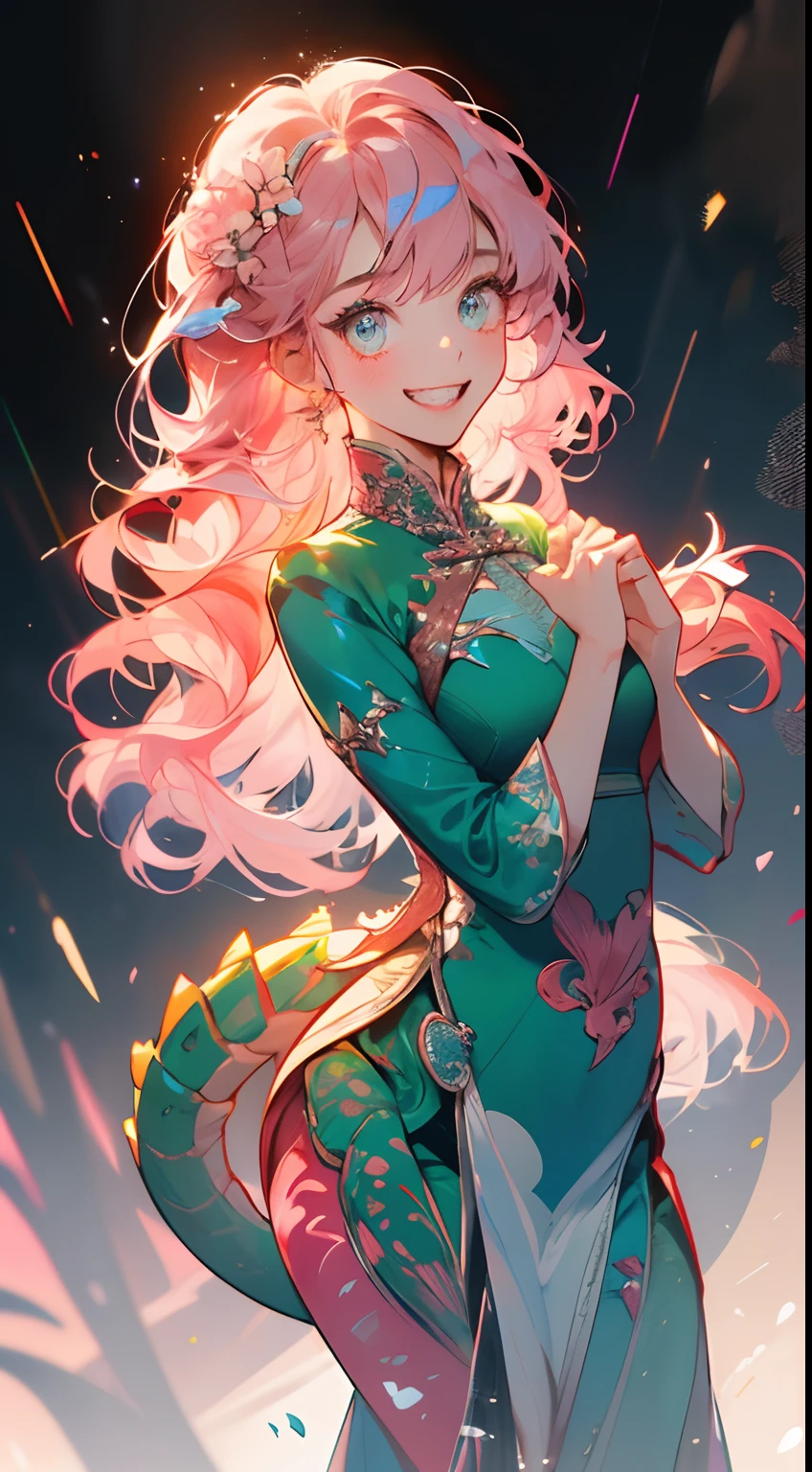masterpiece , detailed image , detailed eyes , beautiful eyes , detailed hair , detailed hands , normal hands , detailed fingers , normal fingers , 1girl , solo , 20 year old girl , beautiful girl , cute girl , sparkling eyes, bright eyes, (long hair), waist length hair, ((Carnation-pink-colored hair)), (bangs hairs:1.5), happy expression, big smile, sharp teeth, big eyes , ((wearing an oversized Jade-colored thigh-length Ao dai design inspired by dinosaur theme :1.5 )), a cute thigh-length Ao dai design inspired by dinosaur theme , (she have a jade-colored mini dinosaur tail:1.5) , a Ao dai design inspired by dinosaur theme , Cute action , lovely pose, white background, black background, blurred background , ((above view))