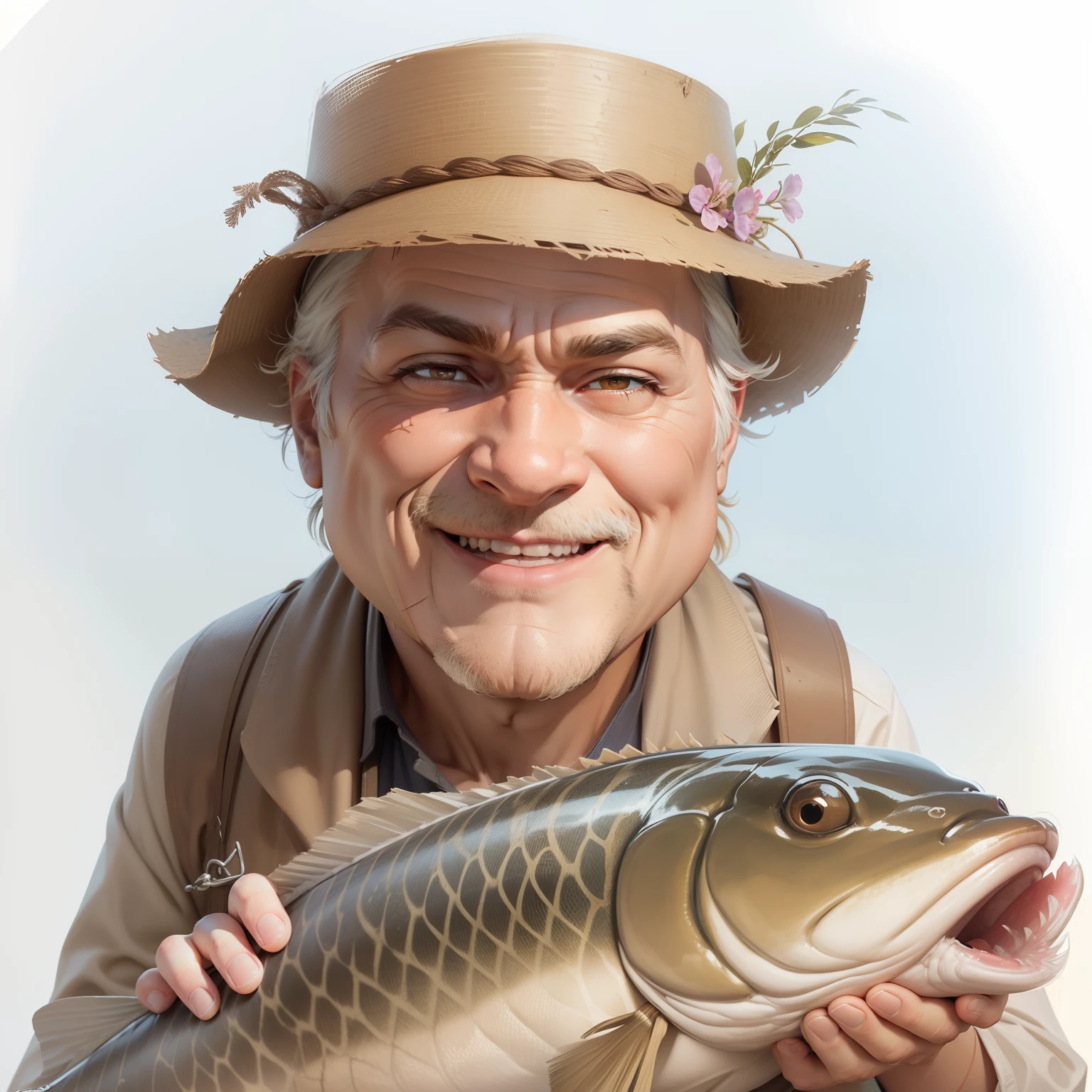 (On parchment paper, Sheet Characteristics), A full body shot, with the image of a large cartoon brown bear, Dressed in fishing boots, Perch caught in paws, Next to it is a box with fishing gear, On a summer day in a meadow a bucket of fish,, Character sheet of old parchment paper with 24K resolution, high detail, photo realism, Realistic sketch, Rough sketch, mix of bold dark lines and loose lines, bold lines, humanoid, centered, Focus on character, Big Fish Fluffy Bear Paws, Рафф Баттл носит Visage Dusty Cute.