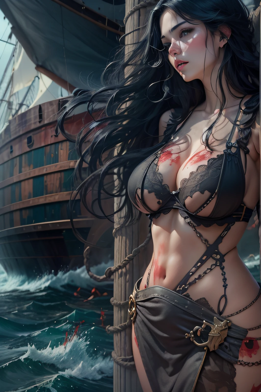 A magical world solo beautiful womam her black long hair huge green eyes without clothes her big boobs leaking lots of milk her pussy leaking lot of sperm cum on pirates ship floor in outside and ship in dip bloody ocean