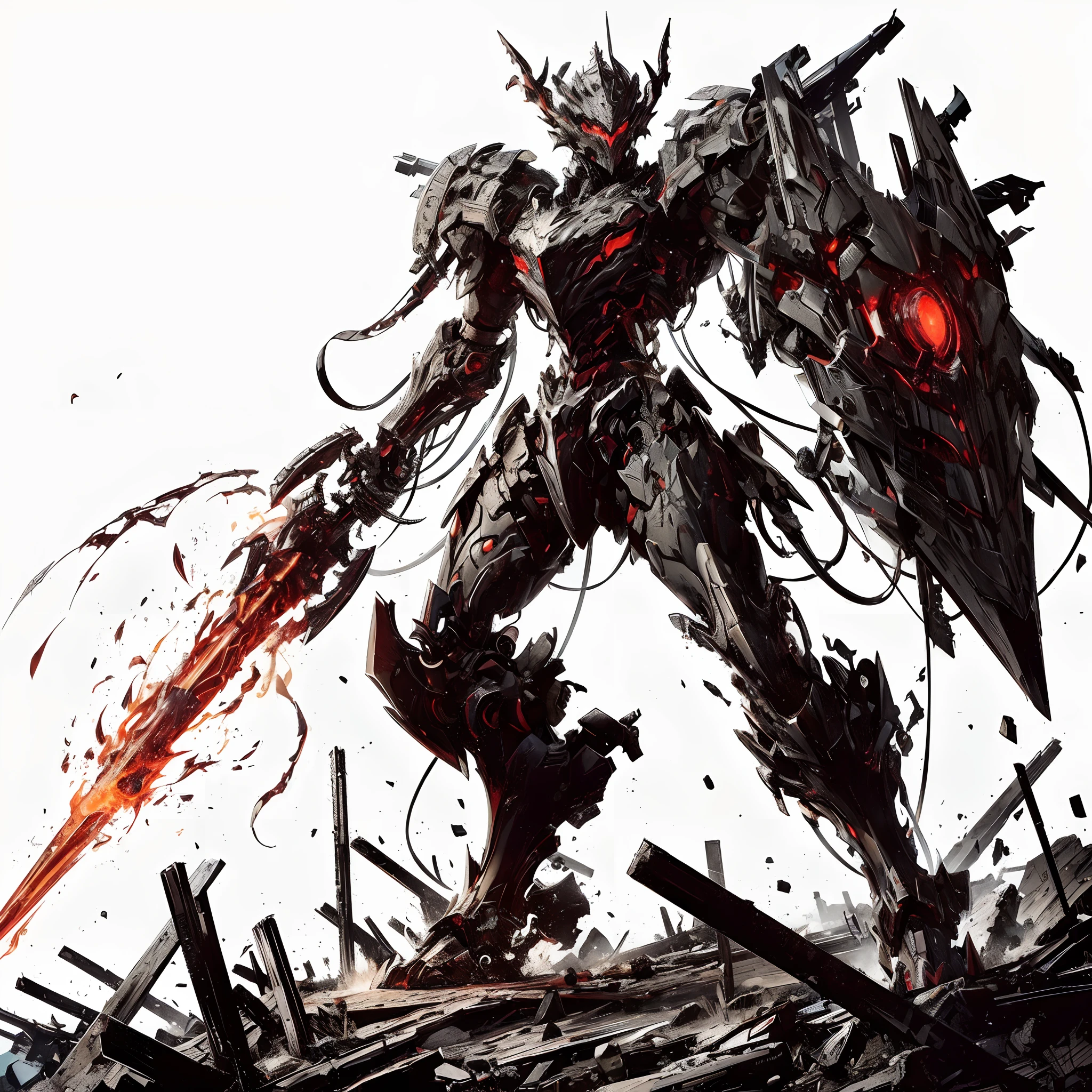 (masterpiece), (Perfect athlete body:1.2), Full body, Knight of the Mechanical Life Form, Feminine figure, Black Armored, holding blade, Red Six Eyes, Fangs facing large jaws, Fiery fist, Mechanized limbs, White background, Whole body, Stand on rough terrain