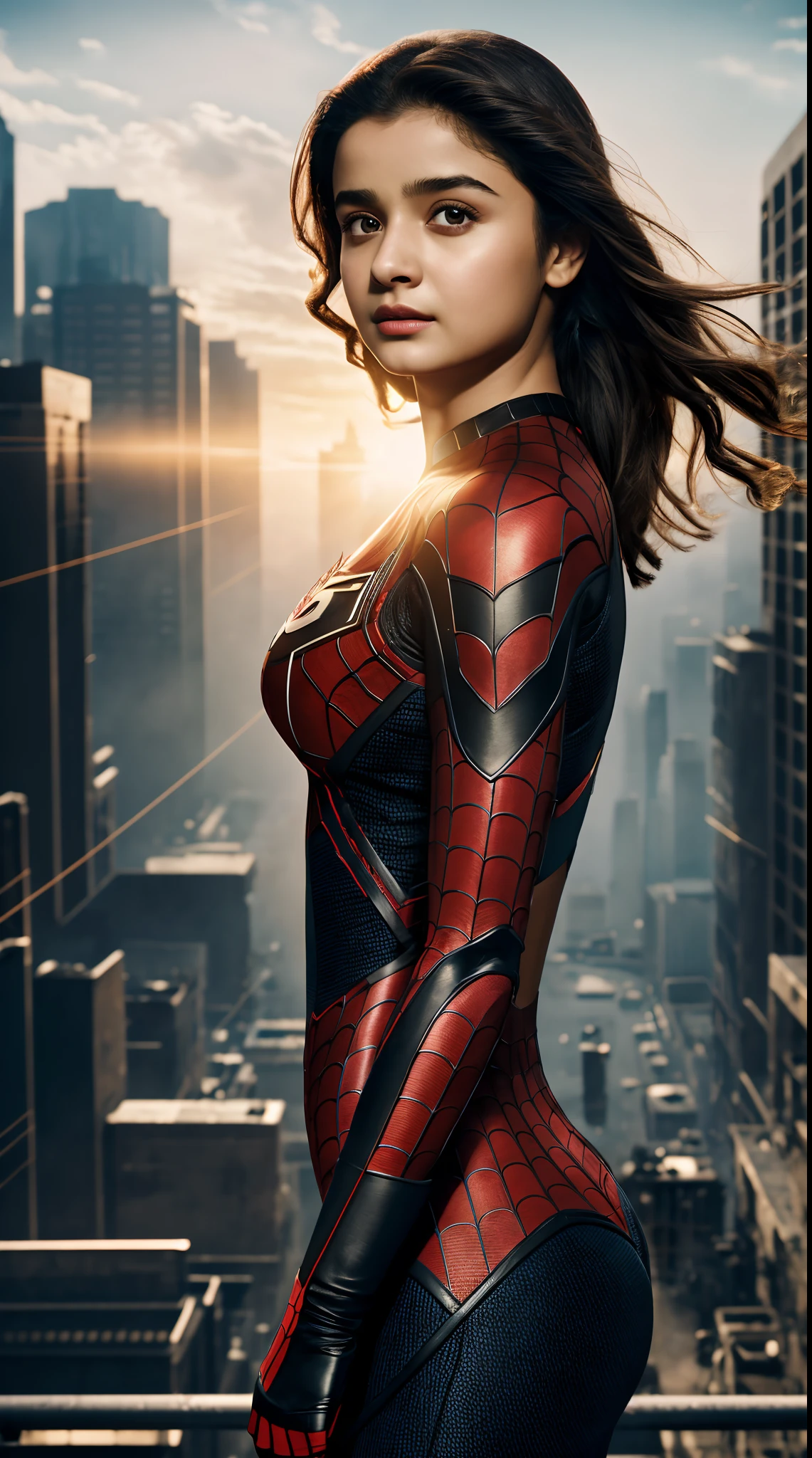 Kate Beckinsale in detailed brown Spider-Man costume, large breasts, superhero pose, standing in ruined city at sunset, hyperdetailed, smoke, sparks, sunbeams, (8k), realistic, symmetrical, award-winning, cinematic lightning, soaked, film, 75mm, scratches, full body shot, close-up, torn and dirty clothes, detailed face,