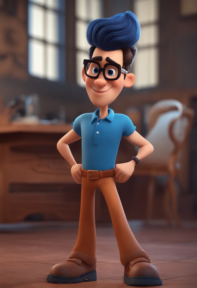 Cartoon character of a man with black glasses and a blue shirt, animation character, Caractere estilizado, animation style rendering, 3D estilizado, Arnold Maya render, 3 d render stylized, toon render keyshot, Personagem 3D, Personagem 3D, 3d rendering stylized, 3 d character render, personagem de desenho animado, Personagem de close up, Pose de personagem,  (Estilo Pixar) (master part:1.2) (Bokeh) (best quality) (pele detalhada) (textura detalhada) (8k) (argila) (Cinematic lighting) (foco nítido