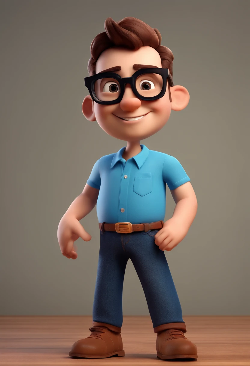 Cartoon character of a man with black glasses and a blue shirt, animation character, Caractere estilizado, animation style rendering, 3D estilizado, Arnold Maya render, 3 d render stylized, toon render keyshot, Personagem 3D, Personagem 3D, 3d rendering stylized, 3 d character render, personagem de desenho animado, Personagem de close up, Pose de personagem,  (Estilo Pixar) (master part:1.2) (Bokeh) (best quality) (pele detalhada) (textura detalhada) (8k) (argila) (Cinematic lighting) (foco nítido