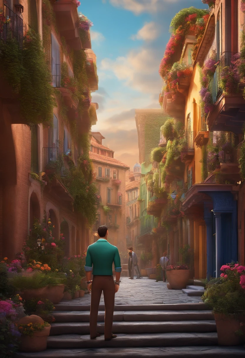 A city councilman looking at a dream project inspired by Pixar animation, de perto. The character takes center stage with captivating facial expressions, oferecendo um toque de irrealidade
