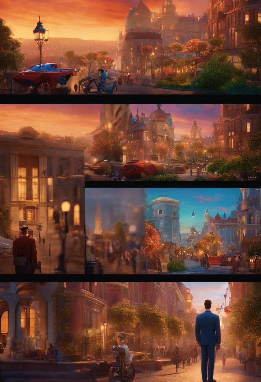 A city councilman looking at a dream project inspired by Pixar animation, de perto. The character takes center stage with captivating facial expressions, oferecendo um toque de irrealidade