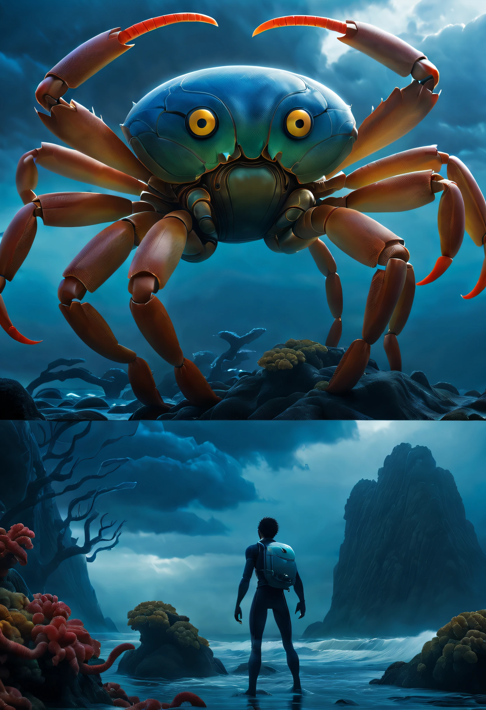 (A giant crab stands in the fog and stares fiercely at a man begging for help),(a creature 5 meters tall:1.0),(Huge white eyes are unusually bright:1.37)(The thick legs of two giants stand on the reef) ,(The shell is dark green), (Dark blue wide oval abdomen), (Very hard and thick shell texture), (There are a pair of large protruding compound eyes:0.8),(Unusually long and flexible antennae:1.1),(The length is about 1/3 The width of the crab's body:0.5) ,(There is a small pair of pliers on the top of the head),(Fresh fluff:0.8), giant ethereal creature,The texture is clear, (People who ask for help:1.37),(Deep blue lightning thundering sky), Background with:nebulous sky,(salama:1.1),(rough sea),(Greatwave),Recife, 真实感,Epic,ultraclear,afterimage, Dutch angle, From below, Sony FE GM, Chiaroscuro, Blurry, hyper HD, Masterpiece, Textured skin, Super detail, High details, High quality, Award-Awarded, Best quality, A high resolution, 8K,Epic,sci-fy,Futuristic fantasy,cotw,thriller