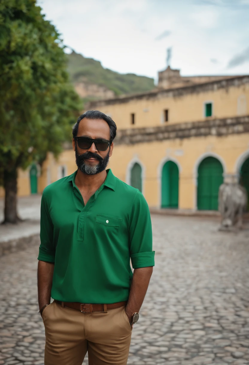 Homem careca e barba rala,um pouco acima do peso, wearing goggles, camisa verde gola polo, In the background, the Fortress of São José de Macapá.