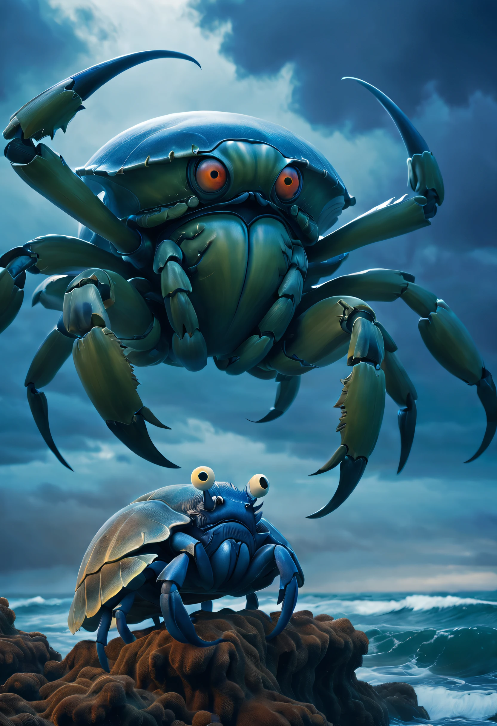 (A giant crab stands in the fog and stares fiercely at a man begging for help),(a creature 5 meters tall:1.0),(Huge white eyes are unusually bright:1.37)(The thick legs of two giants stand on the reef) ,(The shell is dark green), (Dark blue wide oval abdomen), (Very hard and thick shell texture), (There are a pair of large protruding compound eyes:0.8),(Unusually long and flexible antennae:1.1),(The length is about 1/3 The width of the crab's body:0.5) ,(There is a small pair of pliers on the top of the head),(Fresh fluff:0.8), giant ethereal creature,The texture is clear, (People who ask for help:1.37),(Deep blue lightning thundering sky), Background with:nebulous sky,(salama:1.1),(rough sea),(Greatwave),Recife, 真实感,Epic,ultraclear,afterimage, Dutch angle, From below, Sony FE GM, Chiaroscuro, Blurry, hyper HD, Masterpiece, Textured skin, Super detail, High details, High quality, Award-Awarded, Best quality, A high resolution, 8K,Epic,sci-fy,Futuristic fantasy,cotw,thriller