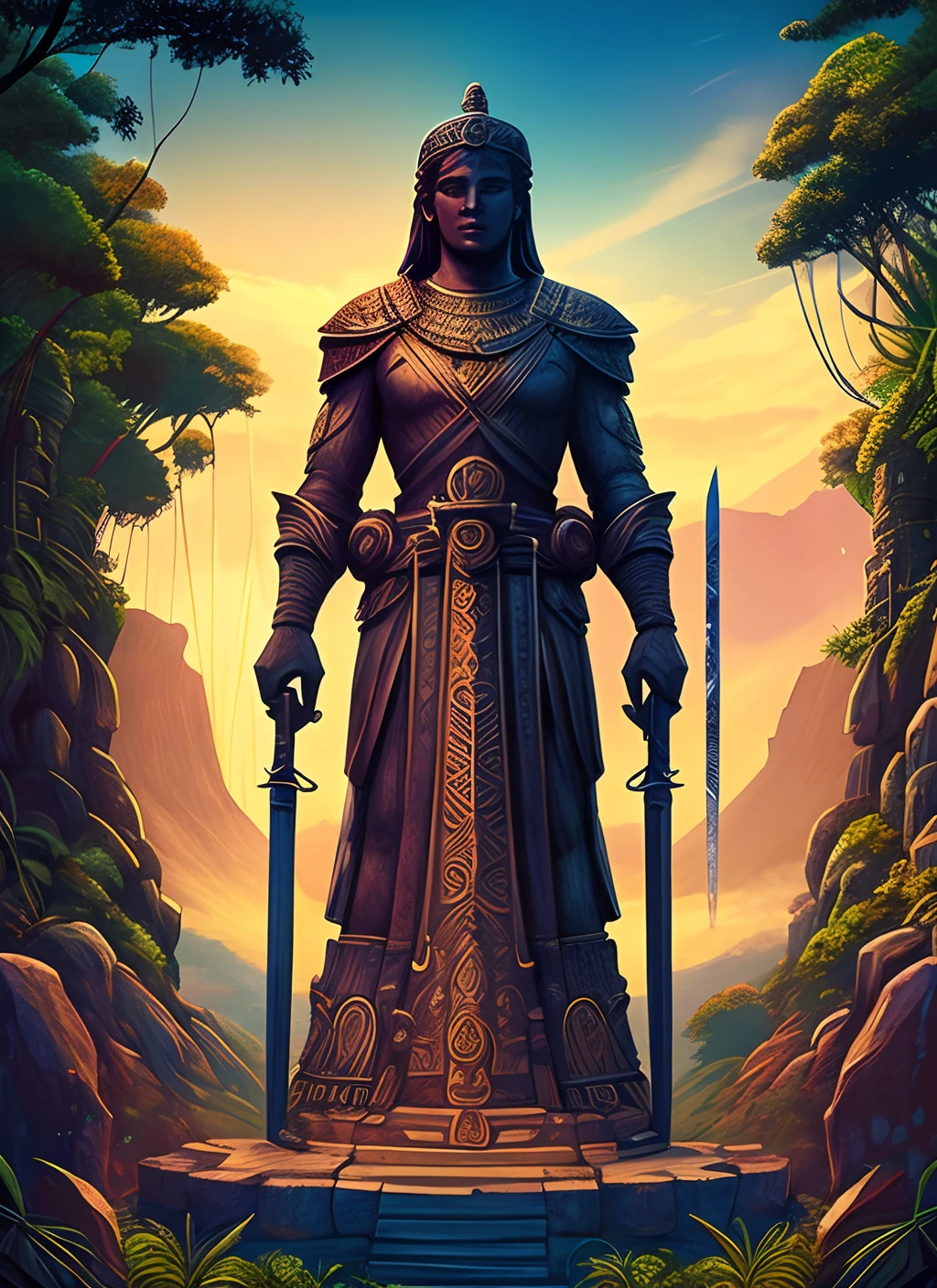 Two giant statue ancient pillars holding Giants swords in the middle of a fantasy jungle