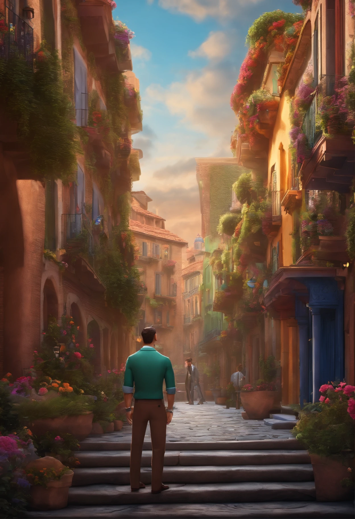A city councilman looking at a dream project inspired by Pixar animation, de perto. The character takes center stage with captivating facial expressions, oferecendo um toque de irrealidade