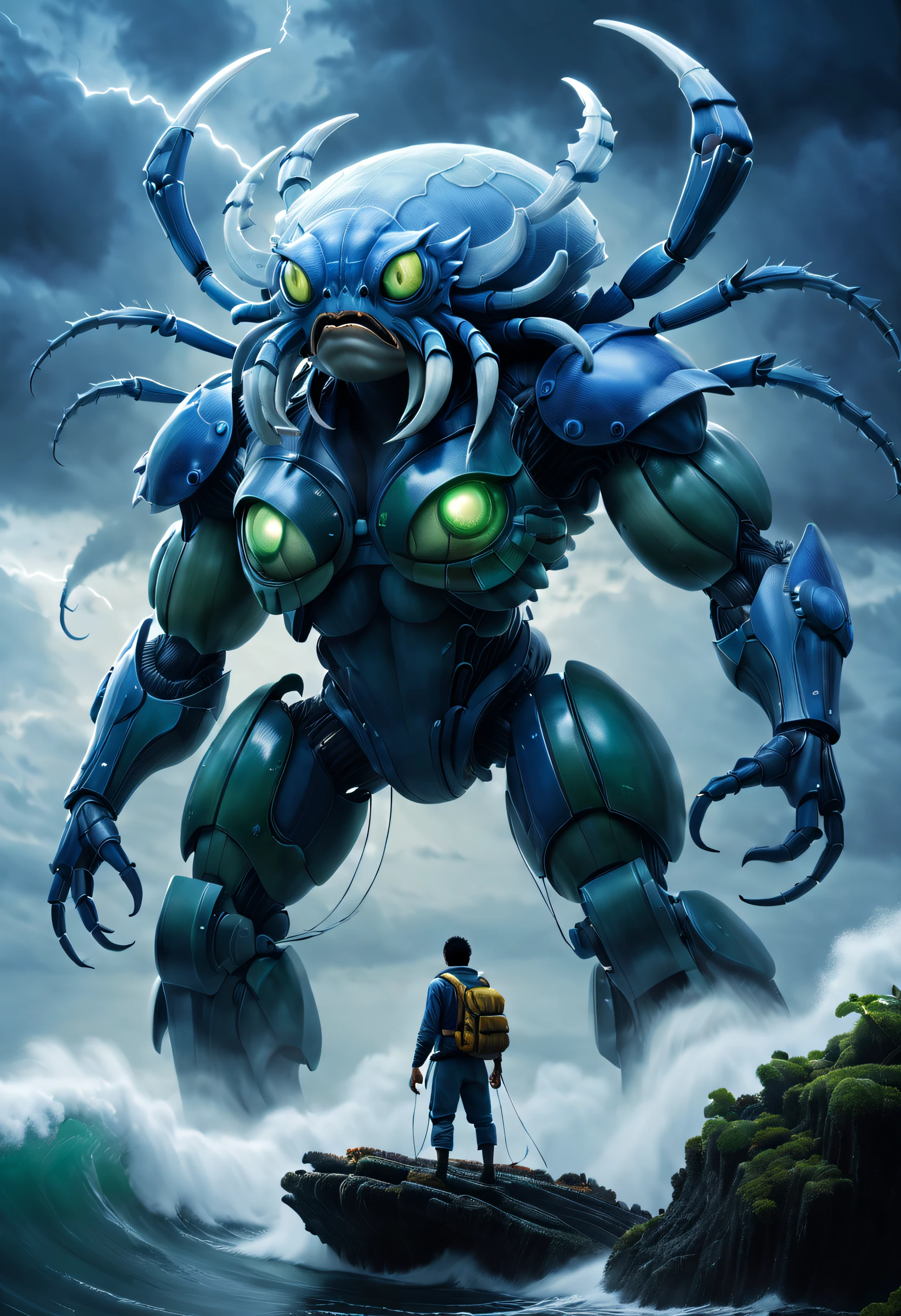 （A giant crab stands in the fog and stares fiercely at a man begging for help），（a creature 5 meters tall:1.0），（Huge white eyes are unusually bright：1.37）（The giant's thick legs stand on the reef） ，（The shell is dark green）， （Dark blue wide oval abdomen）, （Very hard and thick shell texture）， (There are a pair of large protruding compound eyes：0.8），（Unusually long and flexible antennae：1.1），（The length is about 1/3 The width of the crab's body：0.5） ，（There is a small pair of pliers on the top of the head），（Fresh fluff：0.8）， giant ethereal creature,The texture is clear， （People who ask for help：1.37），（Deep blue lightning thundering sky）， Background with：nebulous sky，（salama：1.1），（rough sea），（Greatwave），Recife， 真实感，Epic，ultraclear，afterimage, Dutch angle, From below, Sony FE GM, Chiaroscuro, Blurry, hyper HD, Masterpiece, Textured skin, Super detail, High details, High quality, Award-Awarded, Best quality, A high resolution, 8K，Epic，sci-fy，Futuristic fantasy，cotw，thriller