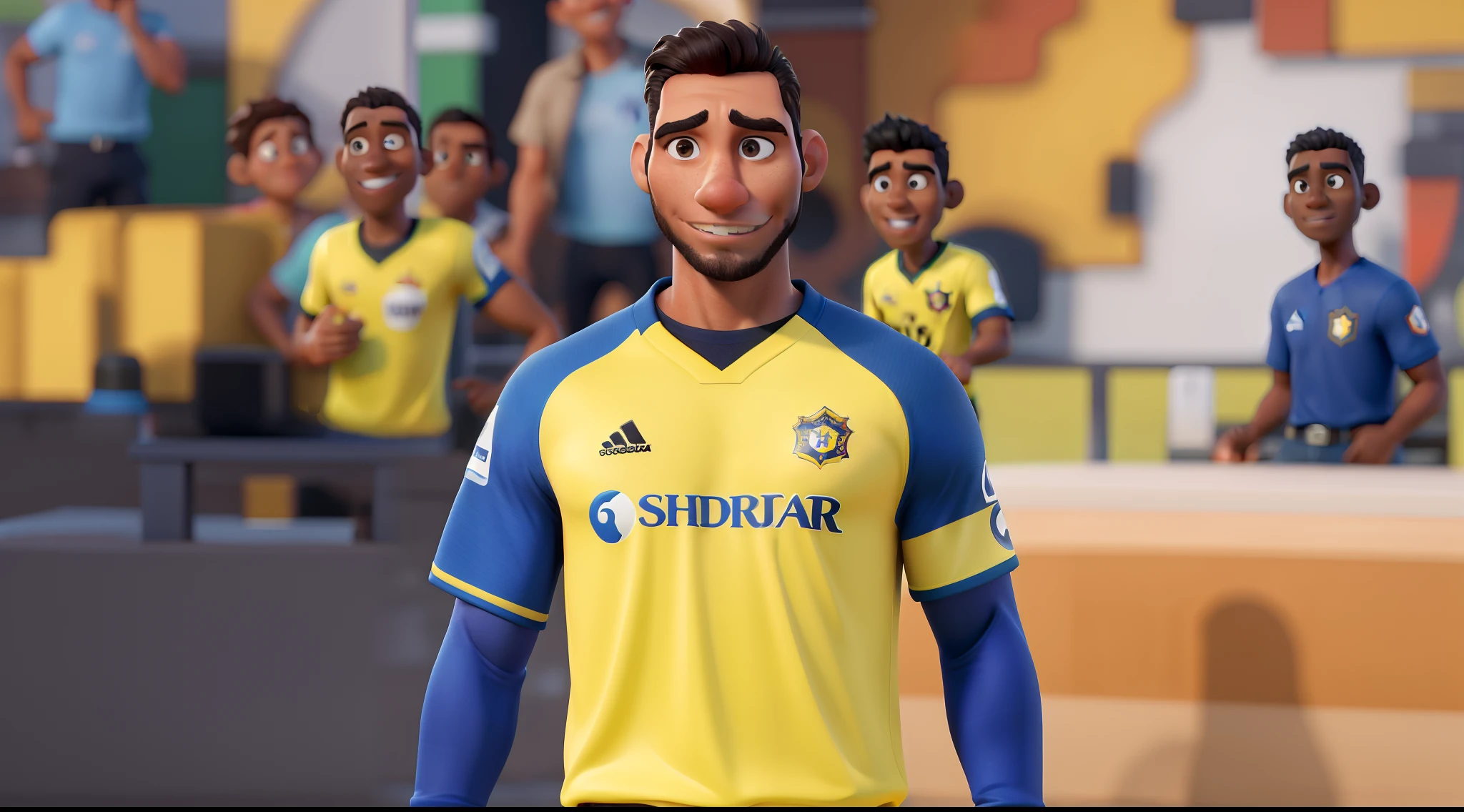 um homem com o cabelo curto preto, sobrancelhas expressivas pretas, formato do rosto quadrado, usando um uniforme de futebol amarelo e azul, no estilo Disney-Pixar em 3D, em boa qualidade.