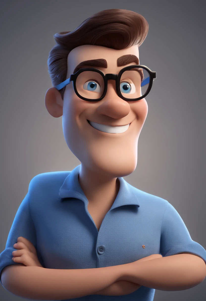 Cartoon character of a man with black glasses and a blue shirt, animation character, Caractere estilizado, animation style rendering, 3D estilizado, Arnold Maya render, 3 d render stylized, toon render keyshot, Personagem 3D, Personagem 3D, 3d rendering stylized, 3 d character render, personagem de desenho animado, Personagem de close up, Pose de personagem,  (Estilo Pixar) (master part:1.2) (Bokeh) (best quality) (pele detalhada) (textura detalhada) (8k) (argila) (Cinematic lighting) (foco nítido