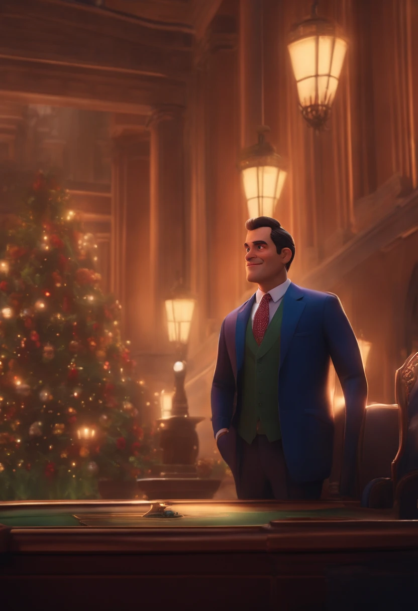 A city councilman looking at a dream project inspired by Pixar animation, de perto. The character takes center stage with captivating facial expressions, oferecendo um toque de irrealidade