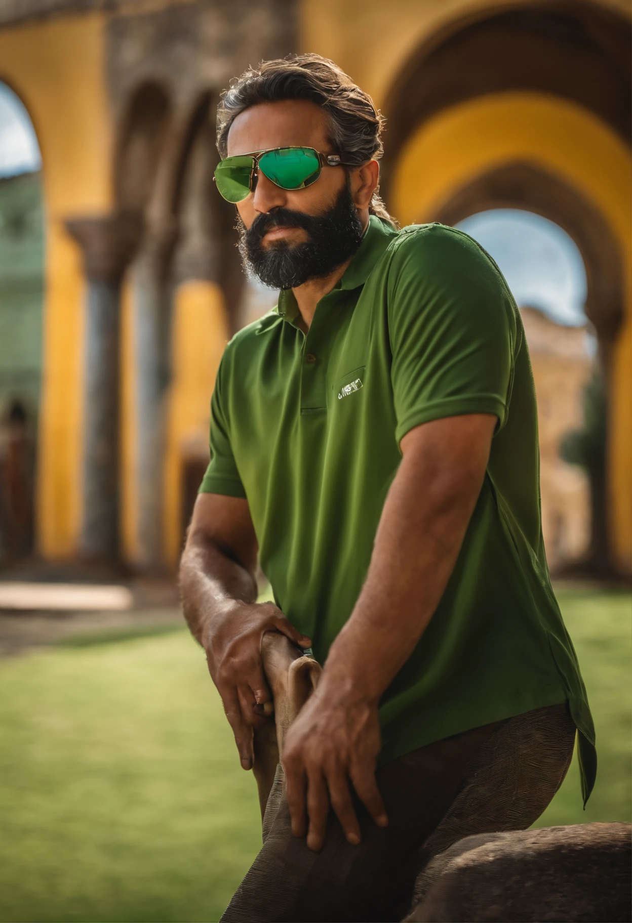 Homem careca e barba rala,um pouco acima do peso, wearing goggles, camisa verde gola polo, In the background, the Fortress of São José de Macapá.