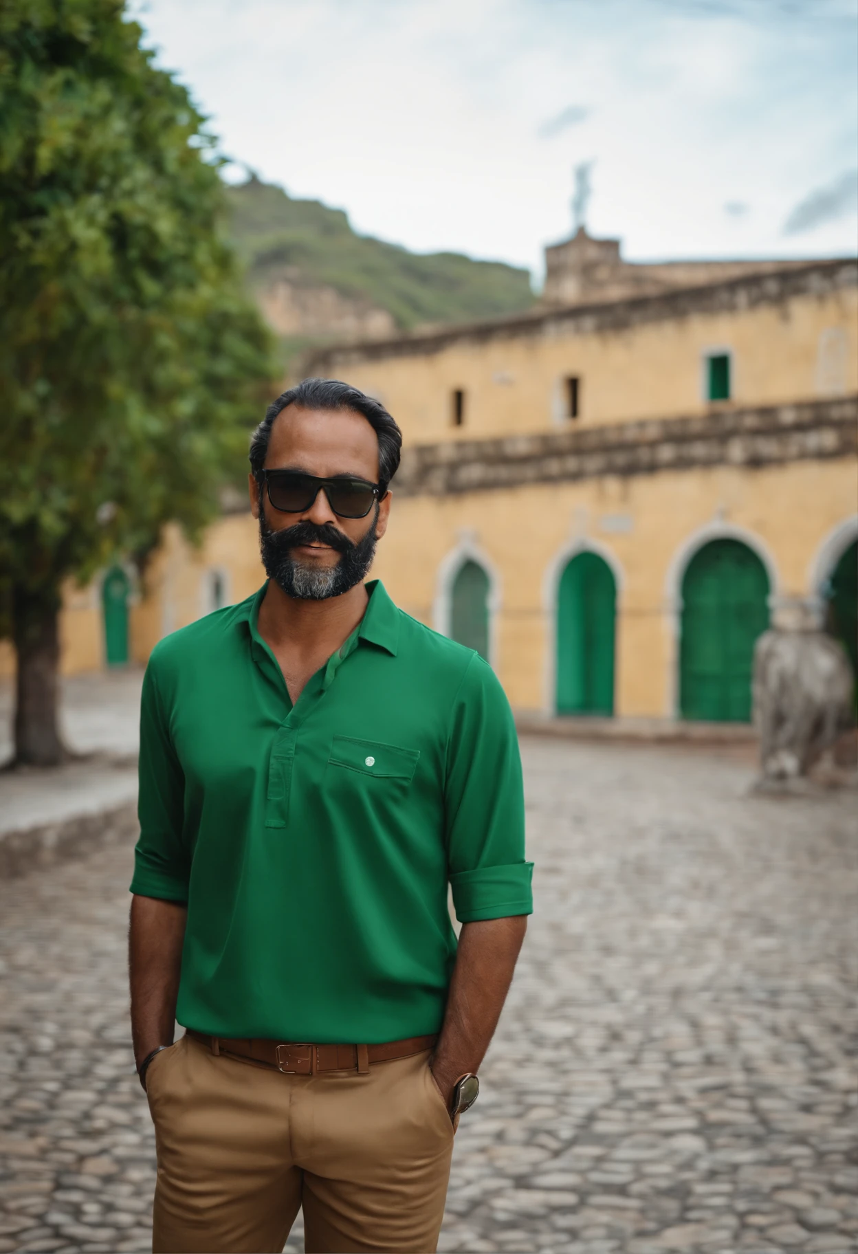 Homem careca e barba rala,um pouco acima do peso, wearing goggles, camisa verde gola polo, In the background, the Fortress of São José de Macapá.