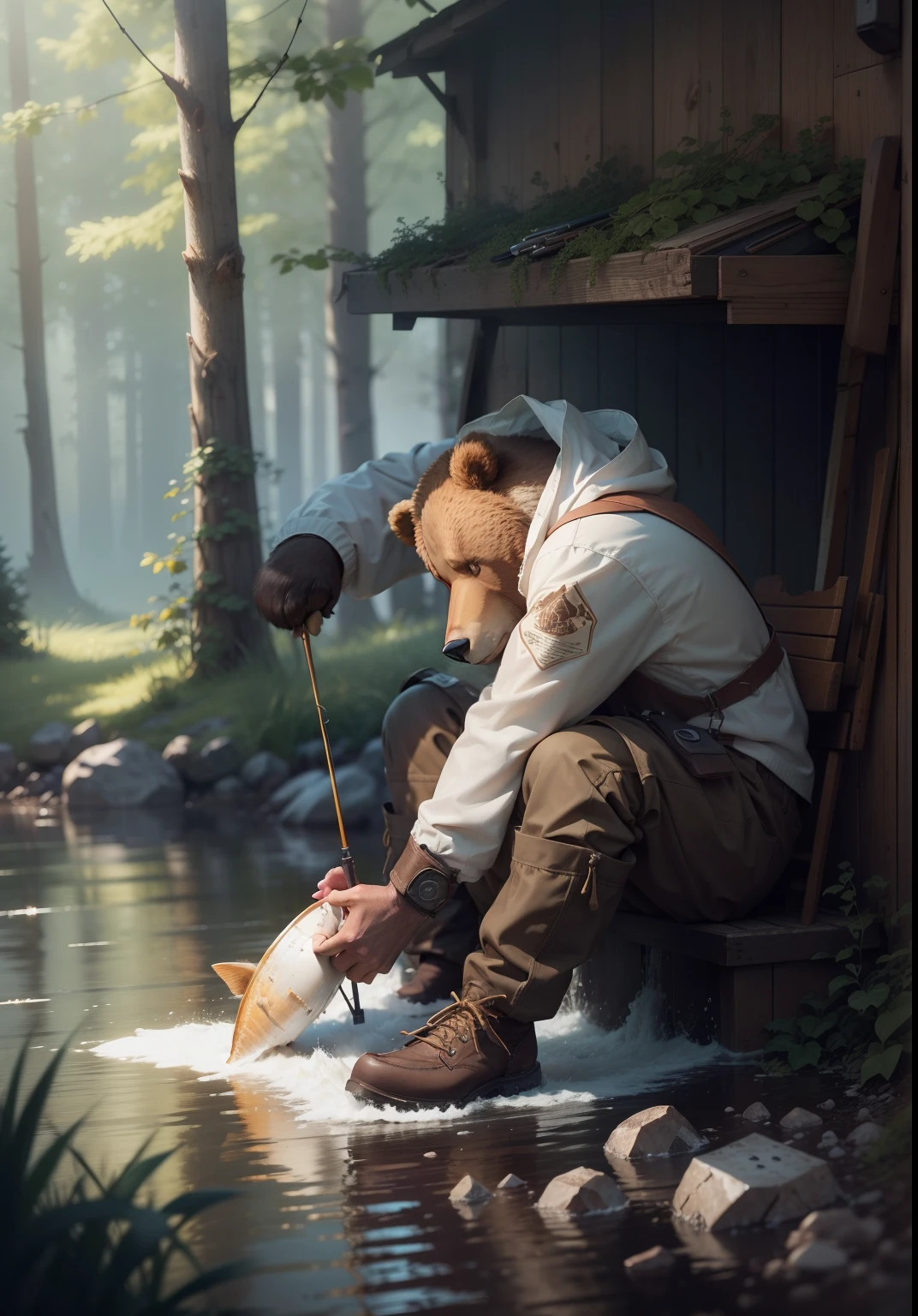 (On parchment paper, Sheet Characteristics), A full body shot, with the image of a large cartoon brown bear, Dressed in fishing boots, Perch caught in paws, Next to it is a box with fishing gear, On a summer day in a meadow a bucket of fish,, Character sheet of old parchment paper with 24K resolution, high detail, photo realism, Realistic sketch, Rough sketch, mix of bold dark lines and loose lines, bold lines, humanoid, centered, Focus on character, Big Fish Fluffy Bear Paws, Рафф Баттл носит Visage Dusty Cute.