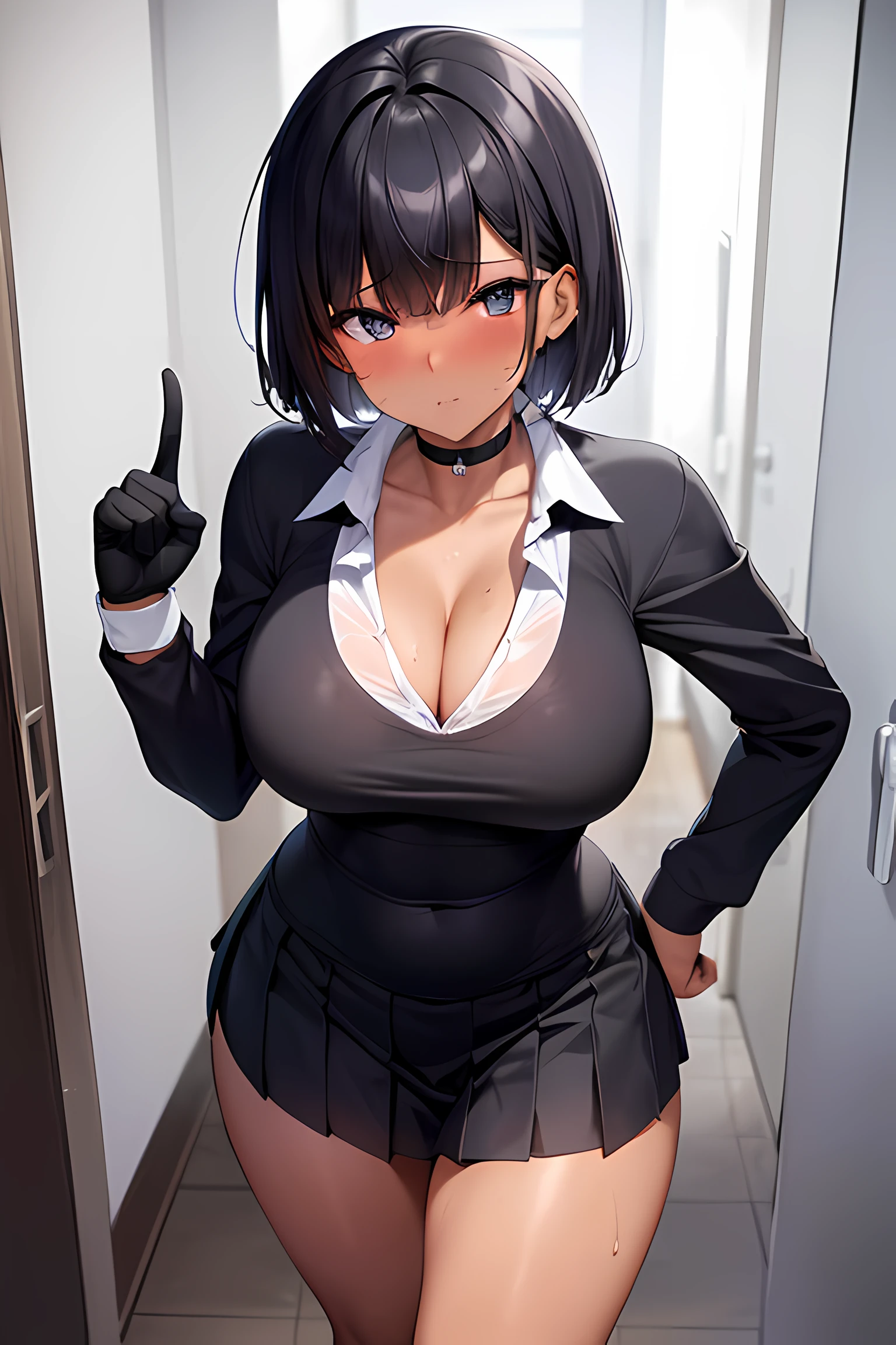 4k, maxres, ultra detailed, dark-skinned schoolgirl, schoolgirl uniform, tight shirt, cleavage, big breasts, big ass, tomboy, sweating, in a school hallway, bob cut, black gloves, white sneakers, full body, from front, beautifully drawn eyes, perfect face, perfect body,  muscular,  beautiful girl, choker, sexy pose, peace sign, black hair