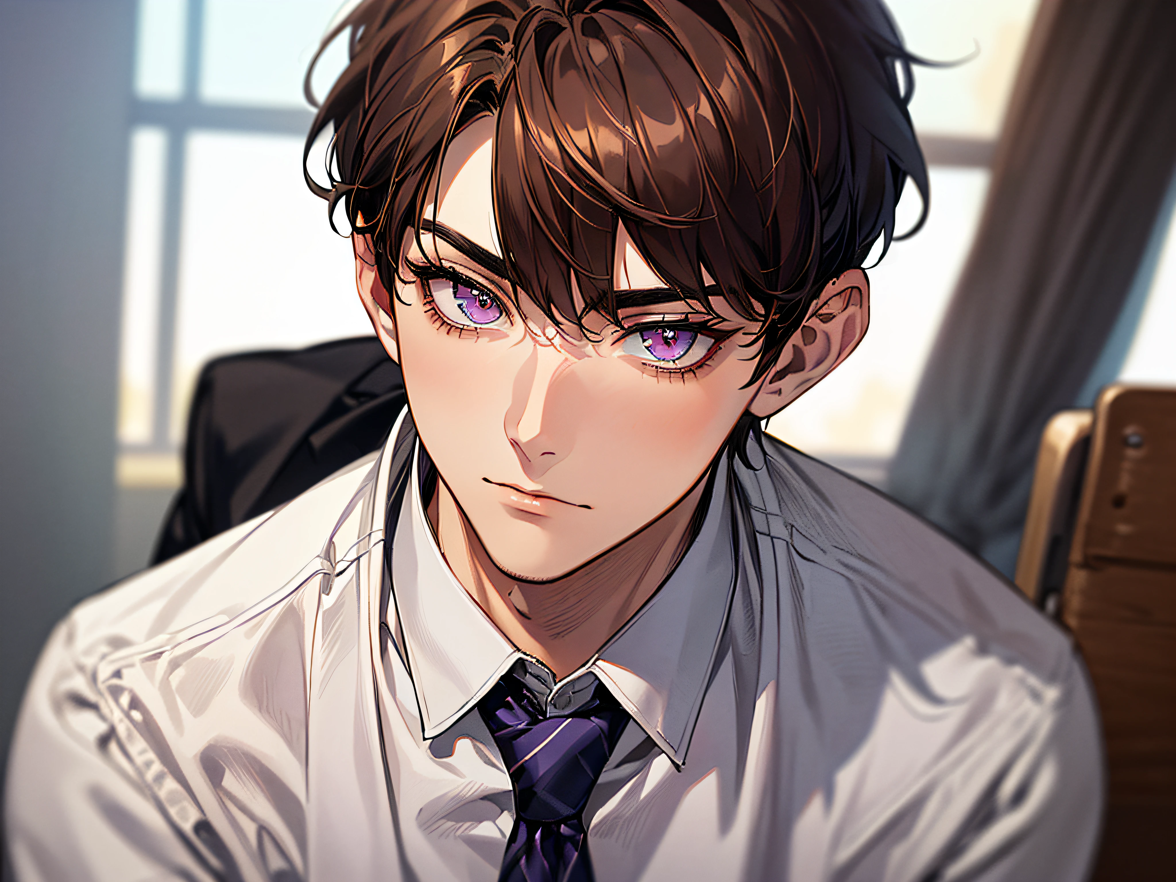 (((((solo)))),24-year-old boy, Warm skin, Pupil Purple, Mature Face, head portrait,,Male Focus, Looking at Viewer, upper body ,Brown hair, Short hair, Facial Focus, Adult, Business Suit, Jacket, White shirt, tie, Pants, Best Quality, Facial details.,‎Classroom,Sharp eyes