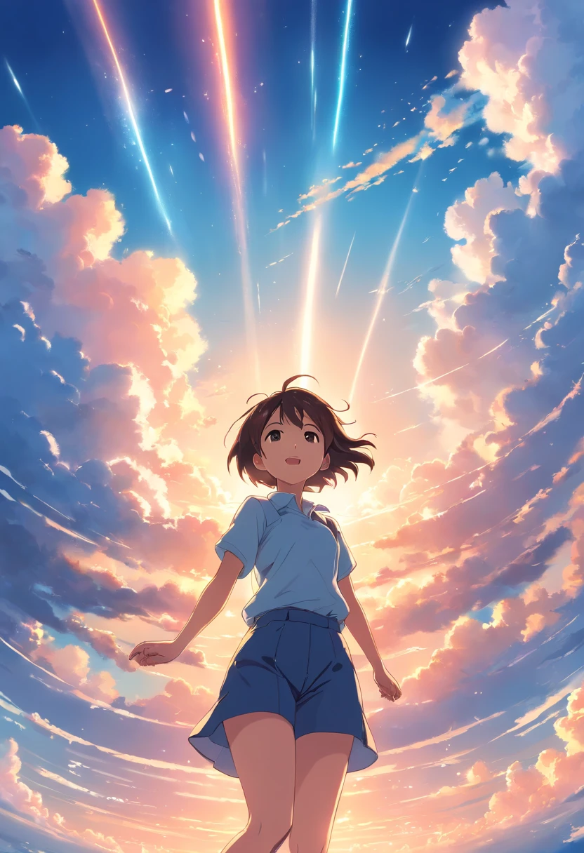 masterpiece, best quality, movie still, 1girl, cloud girl, floating in the sky, close-up, bright, happy, warm soft lighting, sunset, (sparks:0.7)