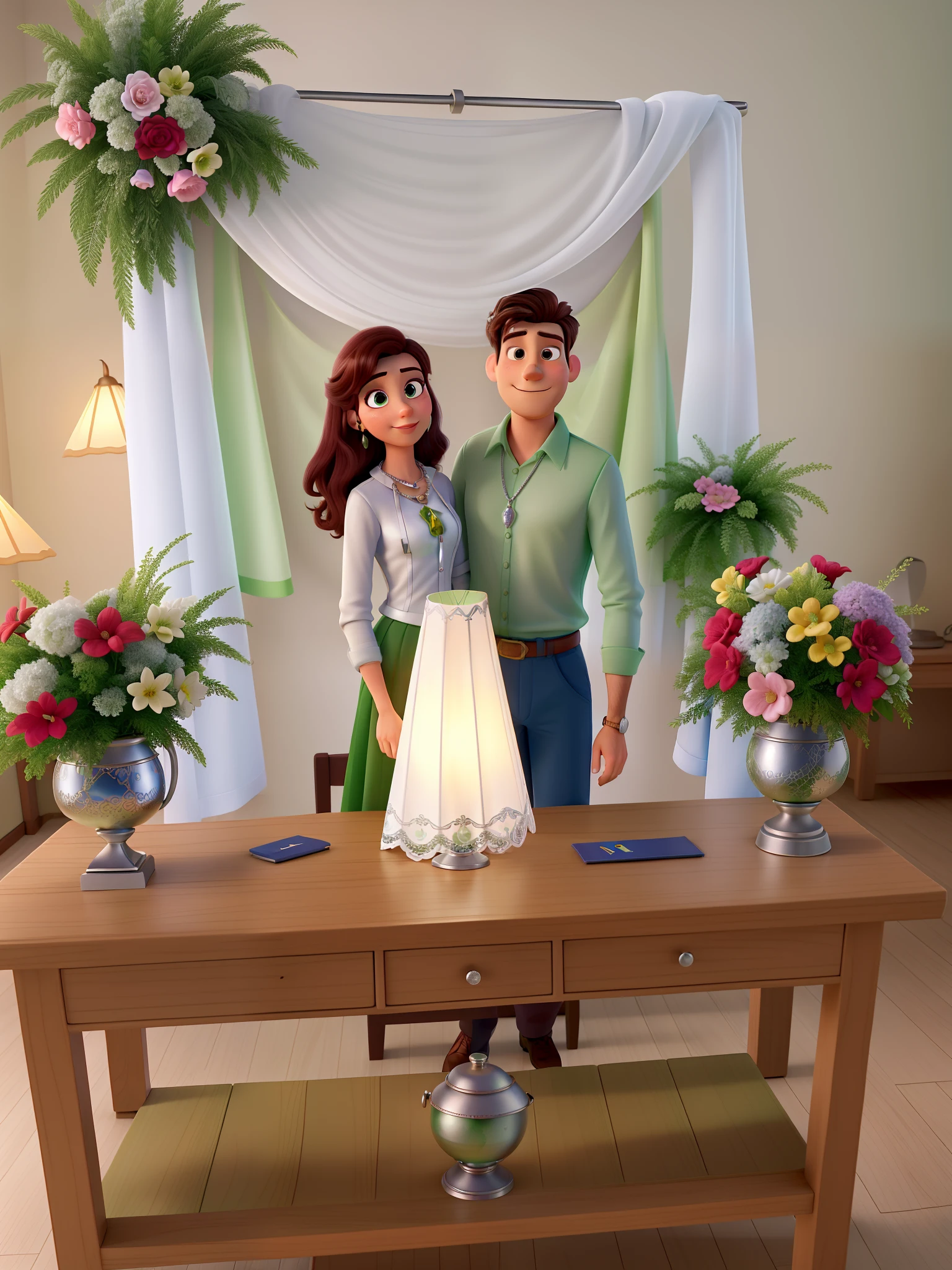 casal homem e mulher no estilo Disney Pixar, alta qualidade, melhor qualidade, where the man is in a mid-season green blouse and wearing a silver chain and the woman in a white halter blouse. Under the table is a lamp