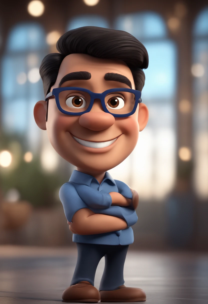 Cartoon character of a man wearing black glasses and a blue shirt, um personagem animado, Caractere estilizado, animation style rendering, 3D estilizado, Arnold Maya render, 3 d render stylized, toon render keyshot, Personagem 3D, Personagem 3D, 3d rendering stylized, 3 d character render, personagem de desenho animado, Personagem de close up, Pose de personagem, (Estilo Pixar) (master part:1.2) (Bokeh) (best quality) (pele detalhada) (textura detalhada) (8k) (argila) (Cinematic lighting) (foco nítido,Senta e vaza a parte superior do corpo