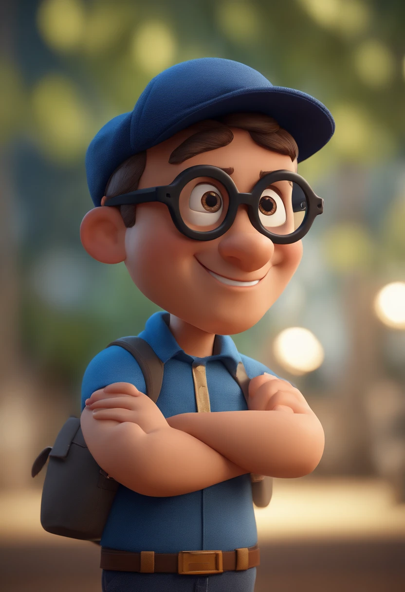Cartoon character of a man wearing black glasses and a blue shirt, um personagem animado, Caractere estilizado, animation style rendering, 3D estilizado, Arnold Maya render, 3 d render stylized, toon render keyshot, Personagem 3D, Personagem 3D, 3d rendering stylized, 3 d character render, personagem de desenho animado, Personagem de close up, Pose de personagem, (Estilo Pixar) (master part:1.2) (Bokeh) (best quality) (pele detalhada) (textura detalhada) (8k) (argila) (Cinematic lighting) (foco nítido，Senta e vaza a parte superior do corpo