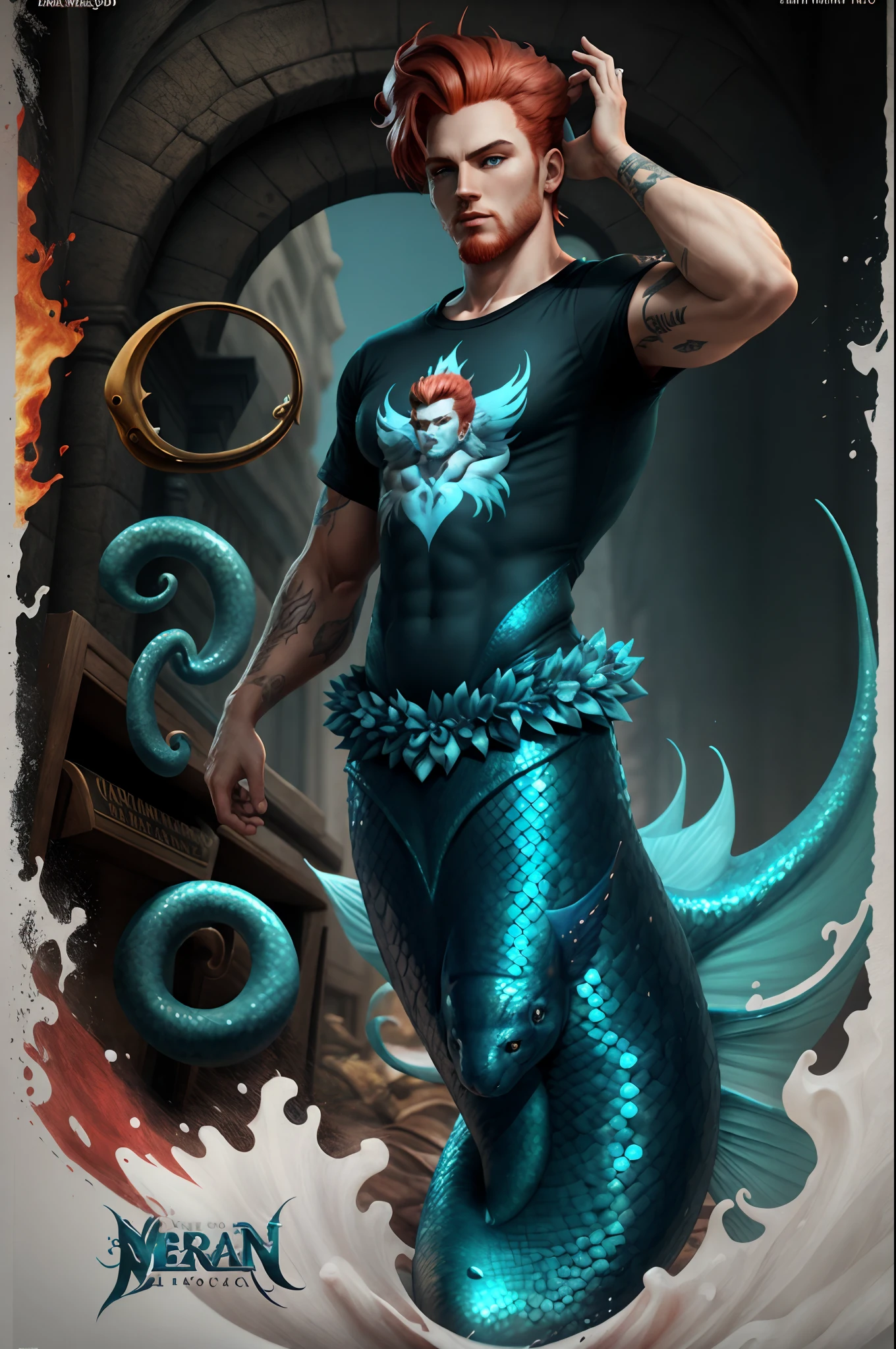 3d merman poster a character White man and red hair and blue eyes and black t-shirt and blue trio tail and black bard