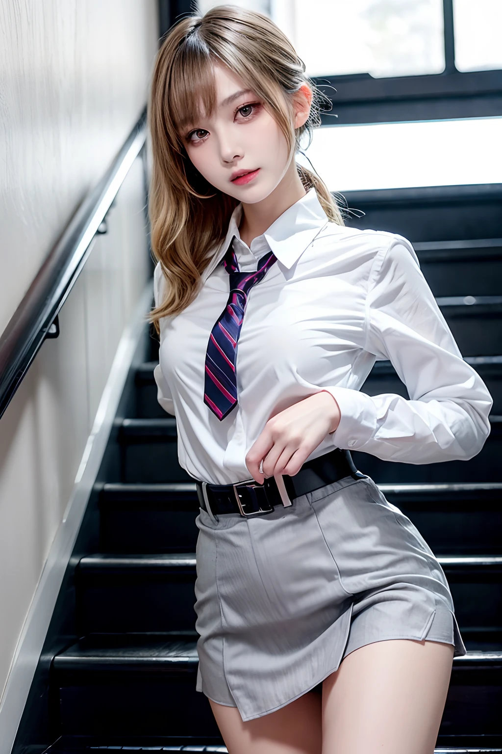 Gray eyes, Korean School Uniforms, Summer School Uniform Shirt, Ribbon tie, Skirt, Bright blonde hair, School stairs, Going down the stairs of the school, Chest Thrusting Pose, Breast bragging pose, 8K original photo, High resolution, 16 Year Old Korean Cool, very large round breasts, Beautiful eye details, long eyelashes, Beautiful double eyelids, eye shadow, eye line, Slender eyes, Slender eyes, Slender eyes, Slender eye shape, Three white eyes, Evil smile, Evil expressions, beautiful very thin legs, beautiful very thin thighs, Random Medium Hair, Hair tied at the back of the head, Nude