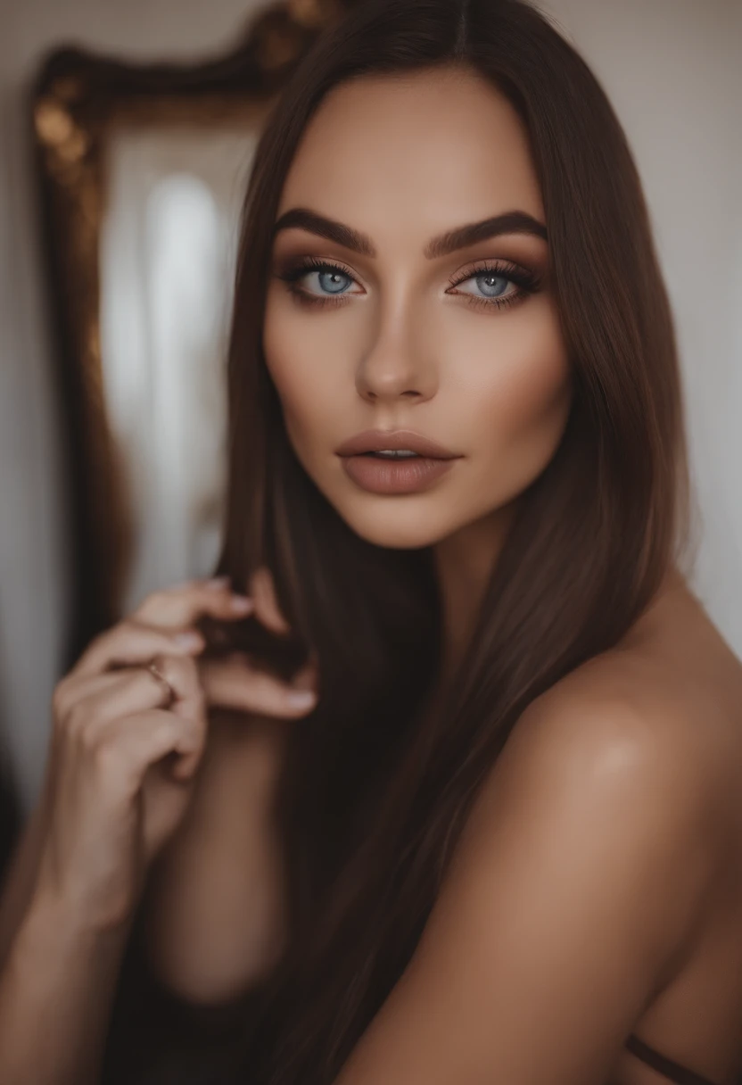Femme arafed avec débardeur et culotte assortis, fille sexy aux yeux bruns, Portrait Sophie Mudd, cheveux bruns et grands yeux, Selfie d’une jeune femme, Yeux de chambre, Violet Myers, sans maquillage, maquillage naturel, Regarder directement la caméra, Visage avec Artgram, Maquillage subtil, Superbe photo du corps entier, dans la chambre, clivage