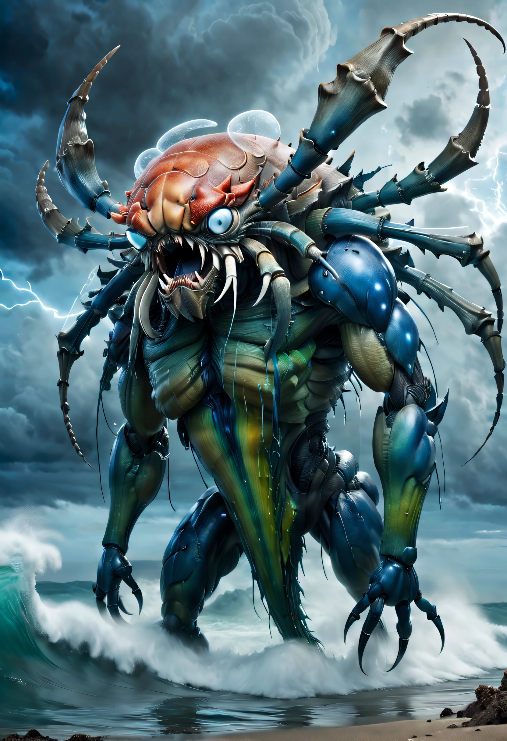 (A giant crab stands in the fog and stares fiercely at a man begging for help),(a creature 5 meters tall:1.0),(Huge white eyes are unusually bright:1.37)(The giant's thick legs stand on the reef) ,(The shell is dark green), (Dark blue wide oval abdomen), (Very hard and thick shell texture), (There are a pair of large protruding compound eyes:0.8),(Unusually long and flexible antennae:1.1),(The length is about 1/3 The width of the crab's body:0.5) ,(There is a small pair of pliers on the top of the head),(Fresh fluff:0.8), giant ethereal creature,The texture is clear, (People who ask for help:1.37),(Deep blue lightning thundering sky), Background with:nebulous sky,(salama:1.1),(rough sea),(Greatwave),Recife, 真实感,Epic,ultraclear,afterimage, Dutch angle, From below, Sony FE GM, Chiaroscuro, Blurry, hyper HD, Masterpiece, Textured skin, Super detail, High details, High quality, Award-Awarded, Best quality, A high resolution, 8K,Epic,sci-fy,Futuristic fantasy,cotw,thriller