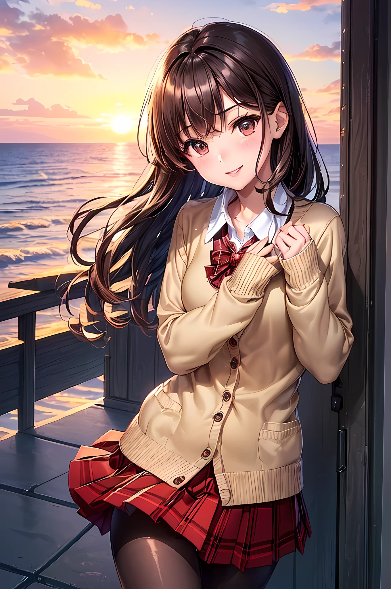 ((worst quality, low-quality)), masutepiece,Best Quality,ultra-detailliert,masterpiece, (Beautiful sunset), (the beach), (The surface of the sea sparkles), (Sunset sea background), (Beach), ((a closeup)), (girl with:1.2), (A dark-haired, short-cut:1.3), (Dynamic Pose:1.2), (School Uniforms:1.2), (Beige cardigan fits the body:1.4), ((Long sleeve, sleeves past wrists):1.2), (White collar shirt underneath:1.3), ((Raise button, Not loose):1.5),(red plaid pleated skirt:1.3), ((Dark Brown Pantyhose Afers):1.2), plump shiny lips, Beautiful clear eyes, (The best smile), Spoken Heart,
