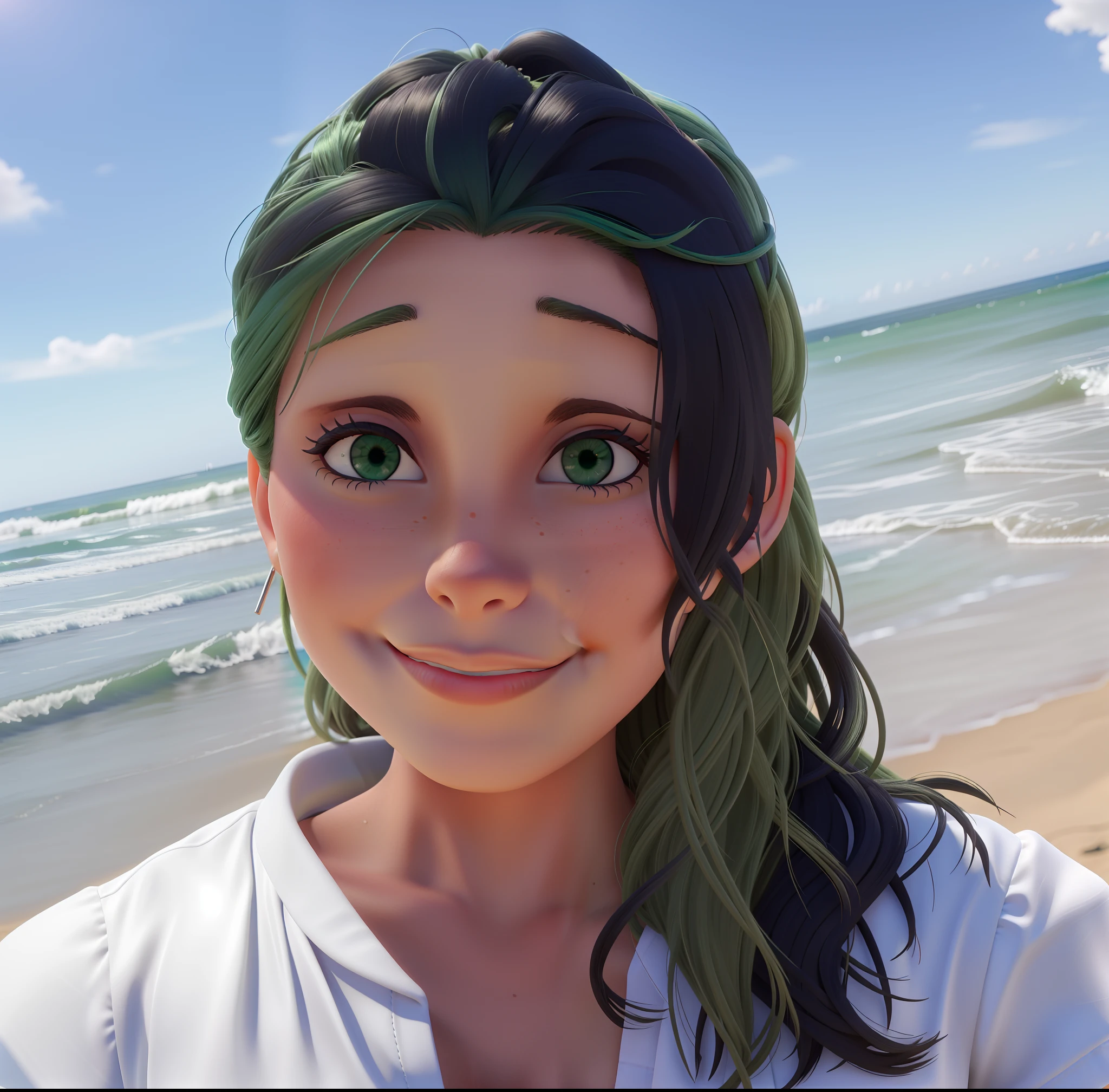 Mulher de 40 anos, na praia, olhos verdes e cabelo molhado.