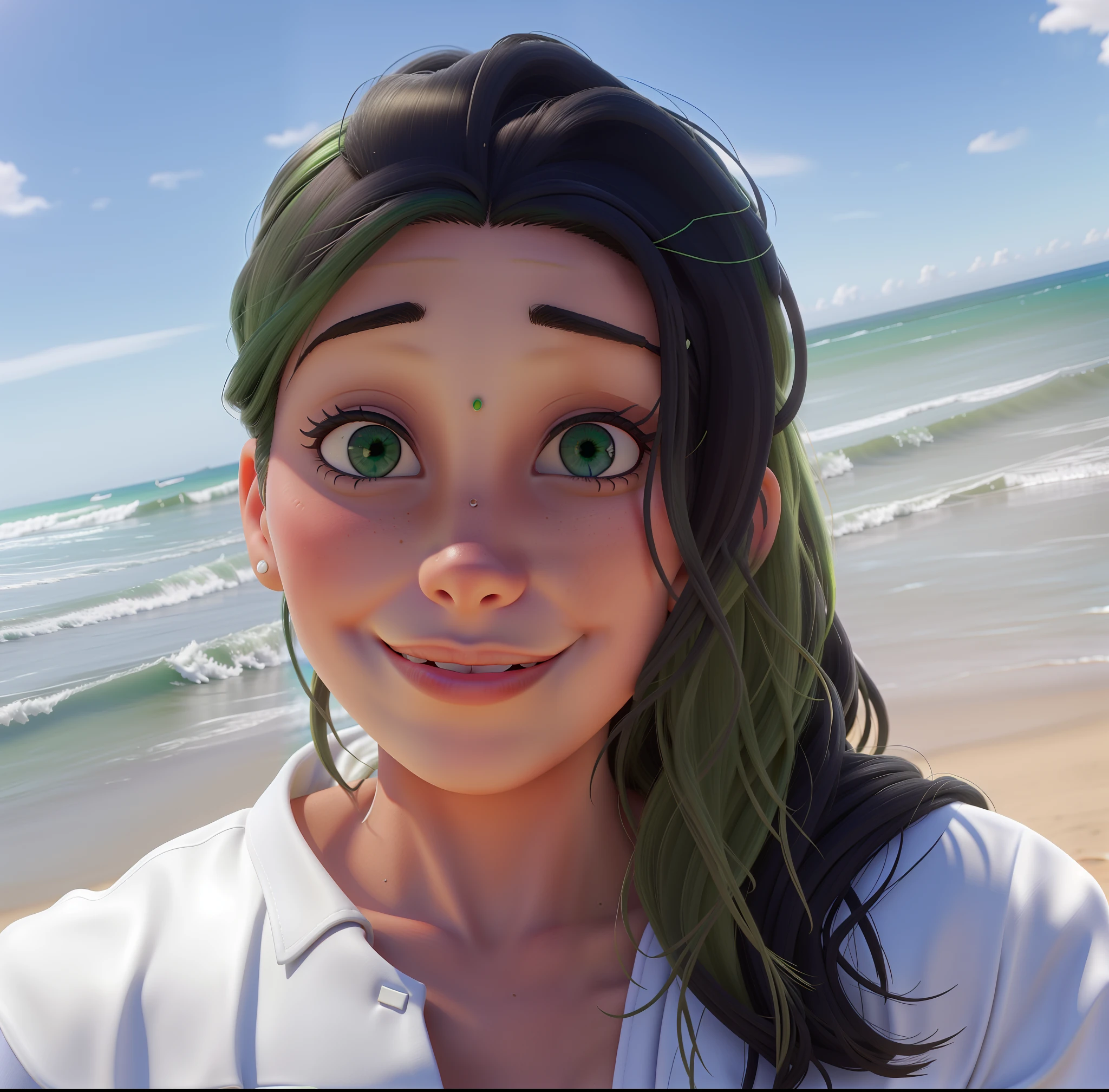 Mulher de 40 anos, na praia, olhos verdes e cabelo molhado.