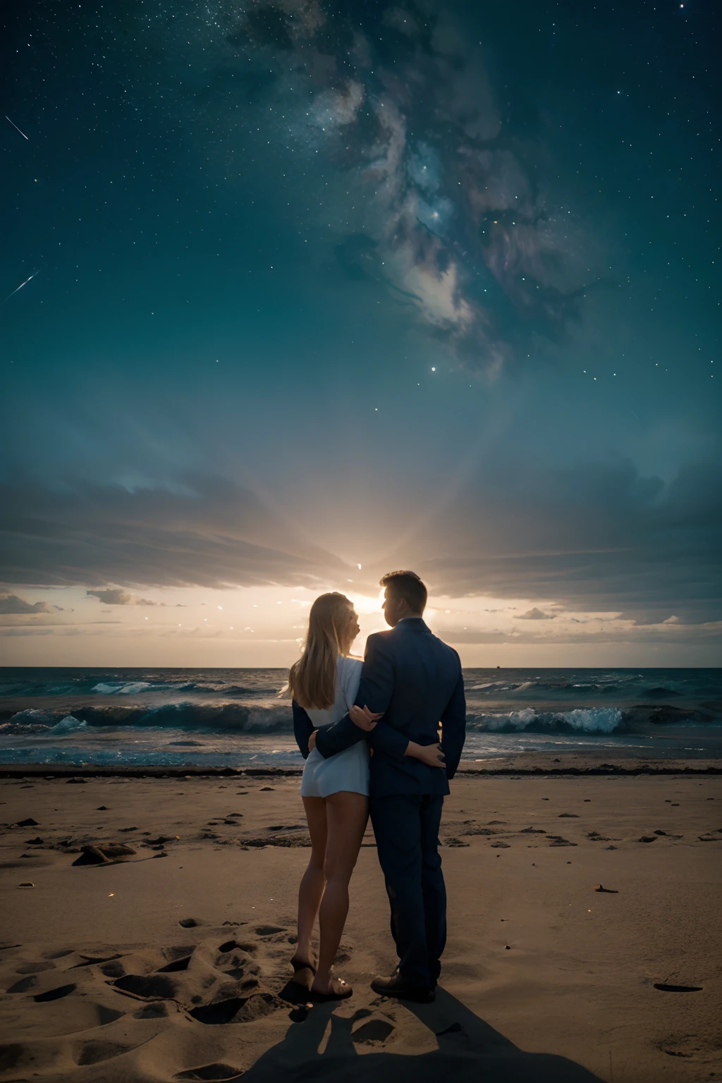 create an image of a couple on a deserted beach, looking at the sea, a monster coming out of the sea in the background with scales and large teeth, the couple will have their backs to the scene, the planet Jupiter in the night sky with stars, some castle ruins in the background high definition cinematic light
