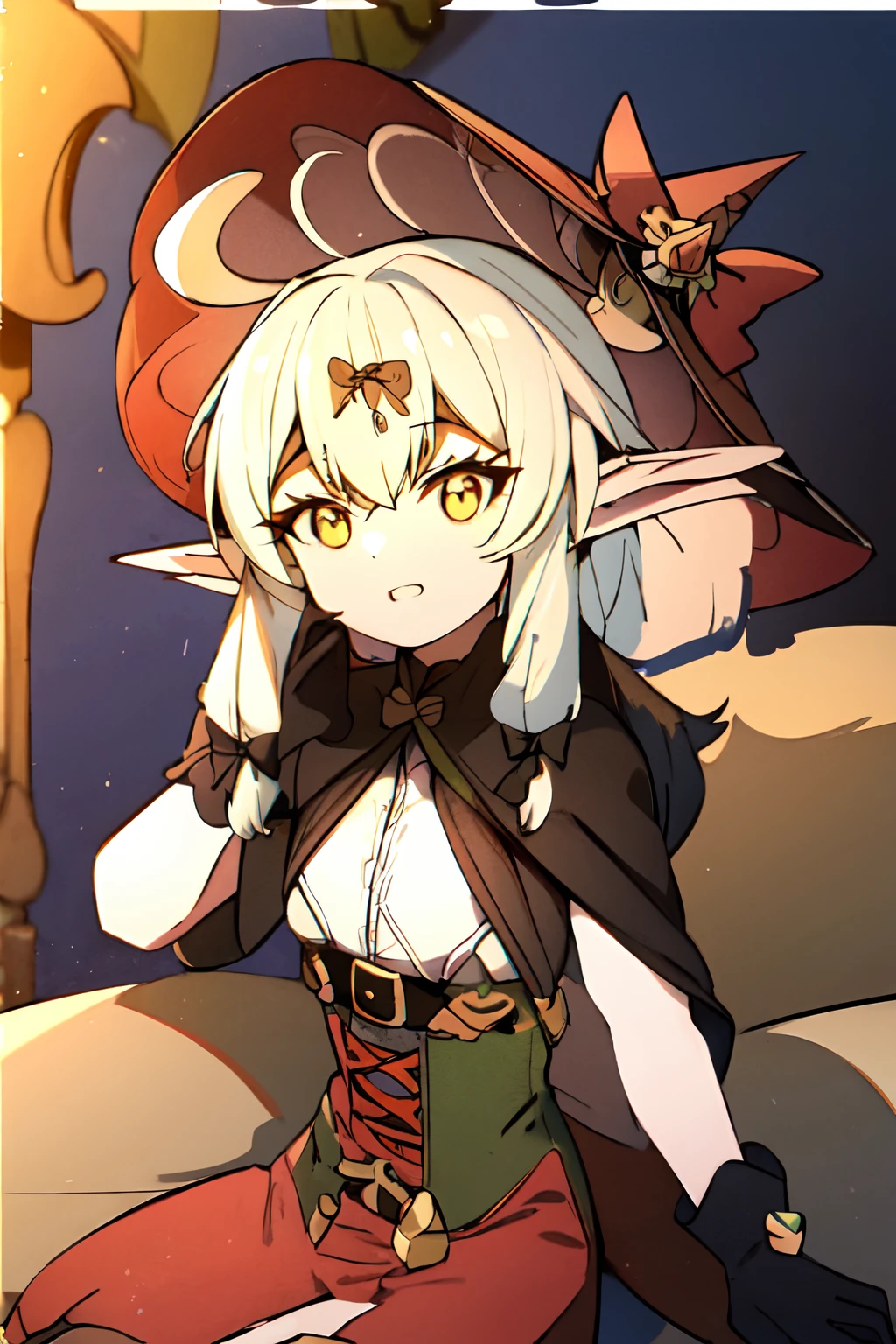 (1elf), (elfo), (orelhas pontudas), obra-prima, melhor qualidade, highres, cabelo loiro, cabelo longo, (klee hair), hairbow, seios pequenos, capa, olhos vermelhos, (witch clothing), (Witch hat), (witch cape), ((witch outfit)) vestido preto,