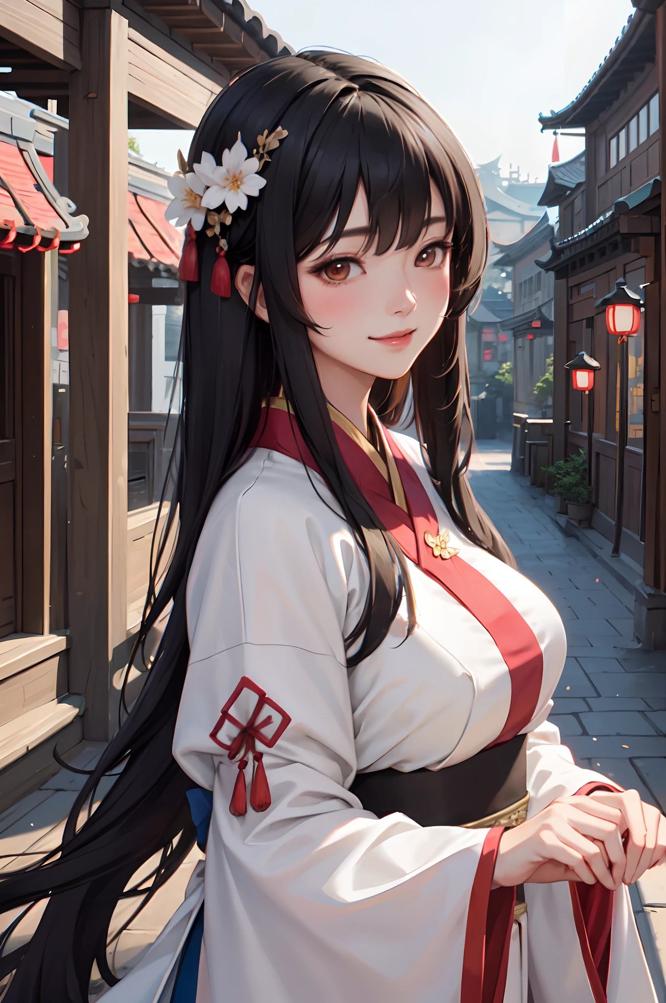 1lady solo, hanfu, mature female, /(black hair/) bangs, blush kind smile, (masterpiece best quality:1.2) delicate illustration ultra-detailed, large breasts BREAK /(traditional townscape in China/), detailed background