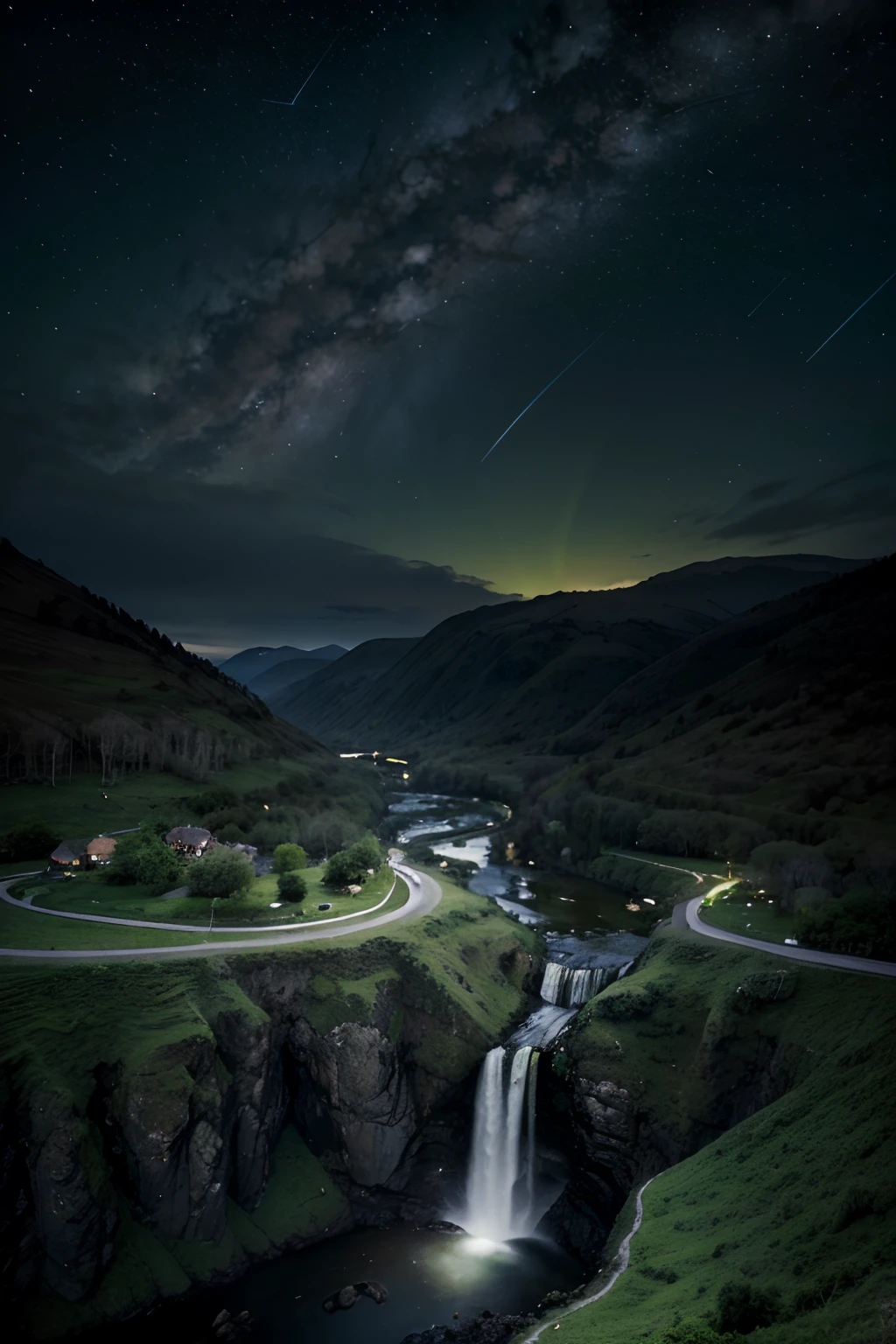 create an image of a scene with green mountains; with trees with fruits and a valley with a stream and waterfalls, the very dark sky with many stars and comets, the planet Saturn in the center