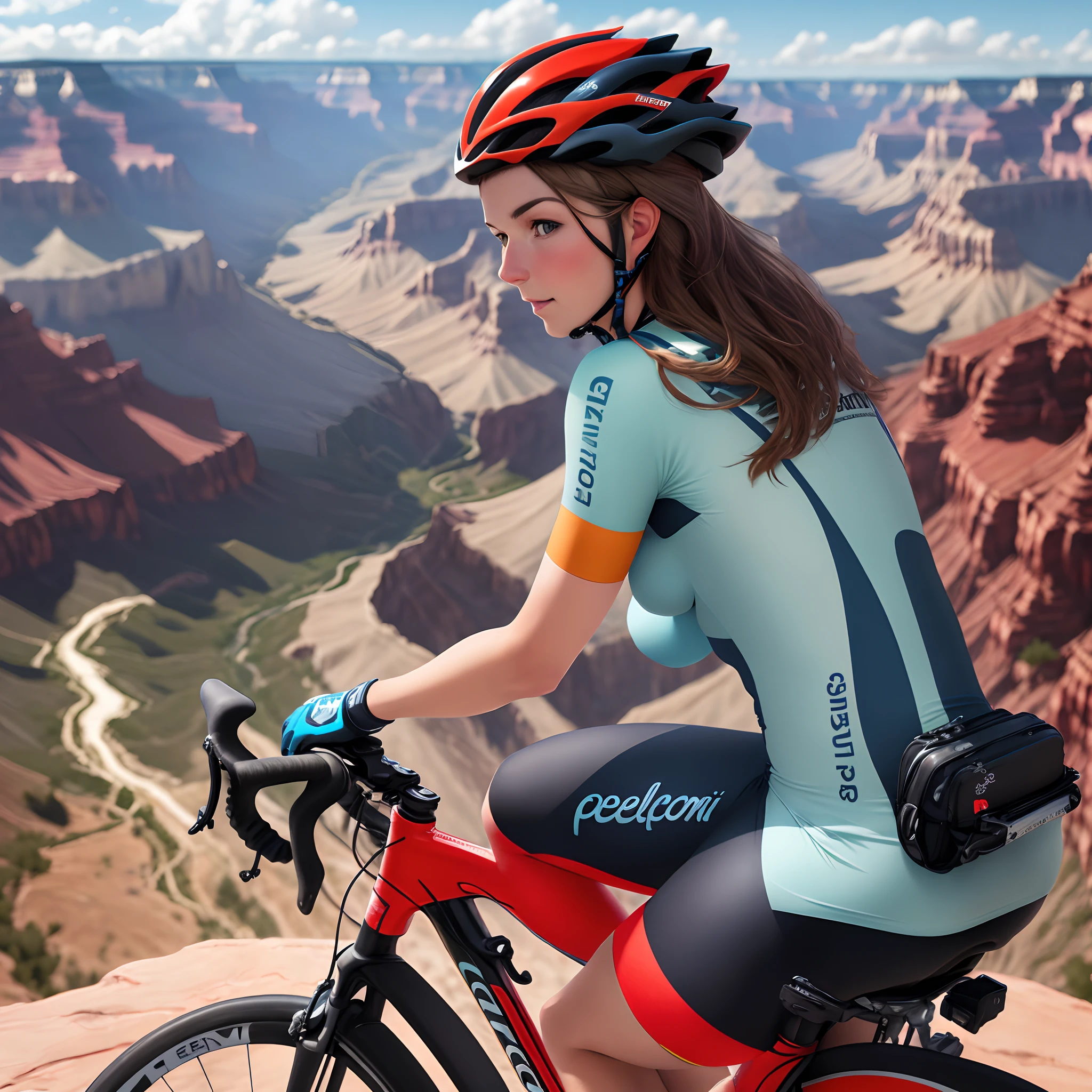 Create a realistic image of a cyclist with a San pellegrino shirt riding in the Grand Canyon