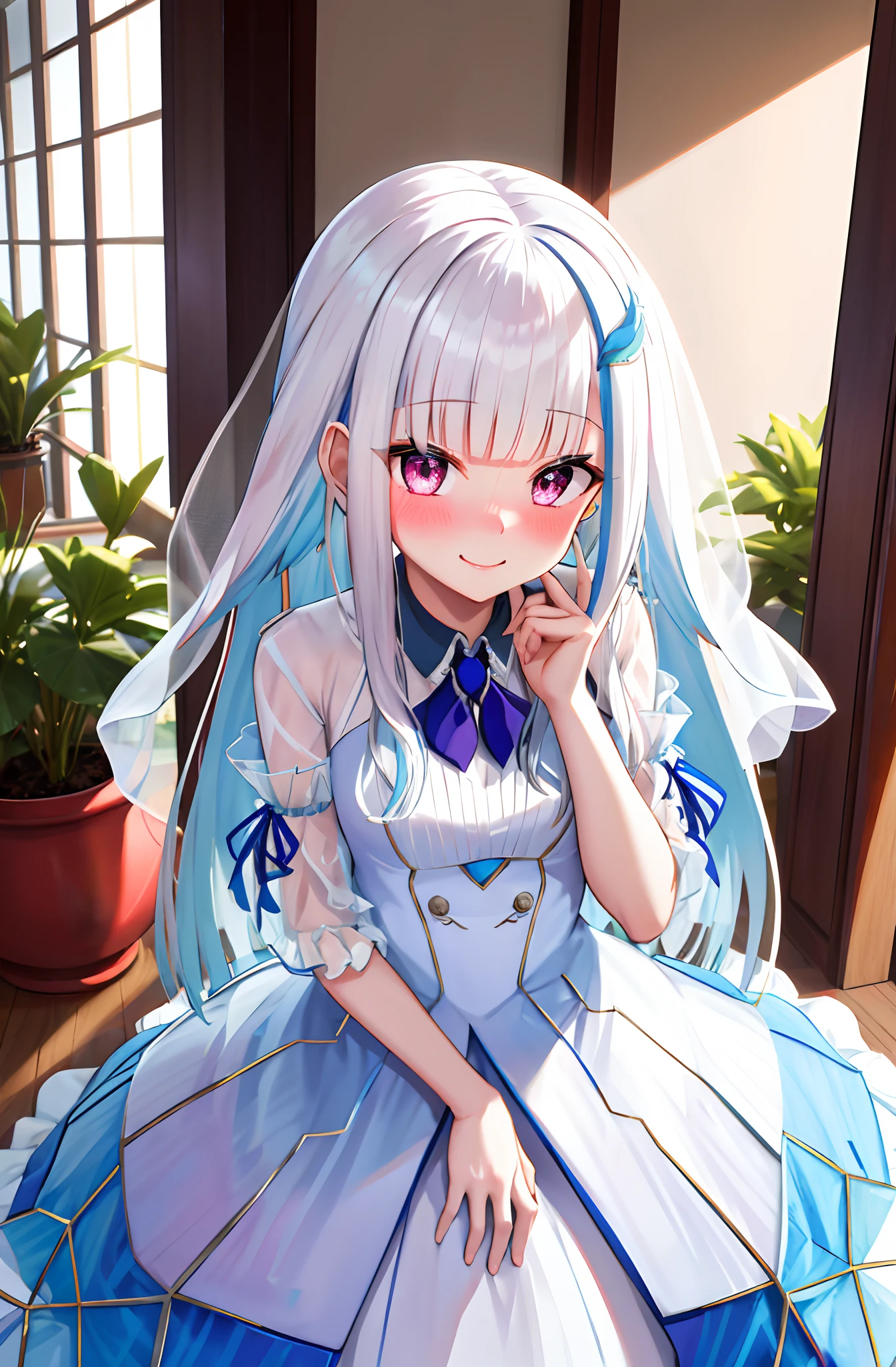 falfa, One girl with long hair, white hair, looking at viewer, embarrassed, blushing, smile, indoor, wedding dress, bridal veil