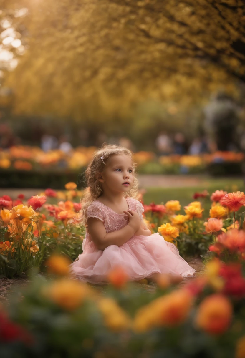 An 8--old nde girl, in a pink princess dress, in a garden full of flowers, on a sunny day, is looking at the sky, praying, sitting in a wheelchair