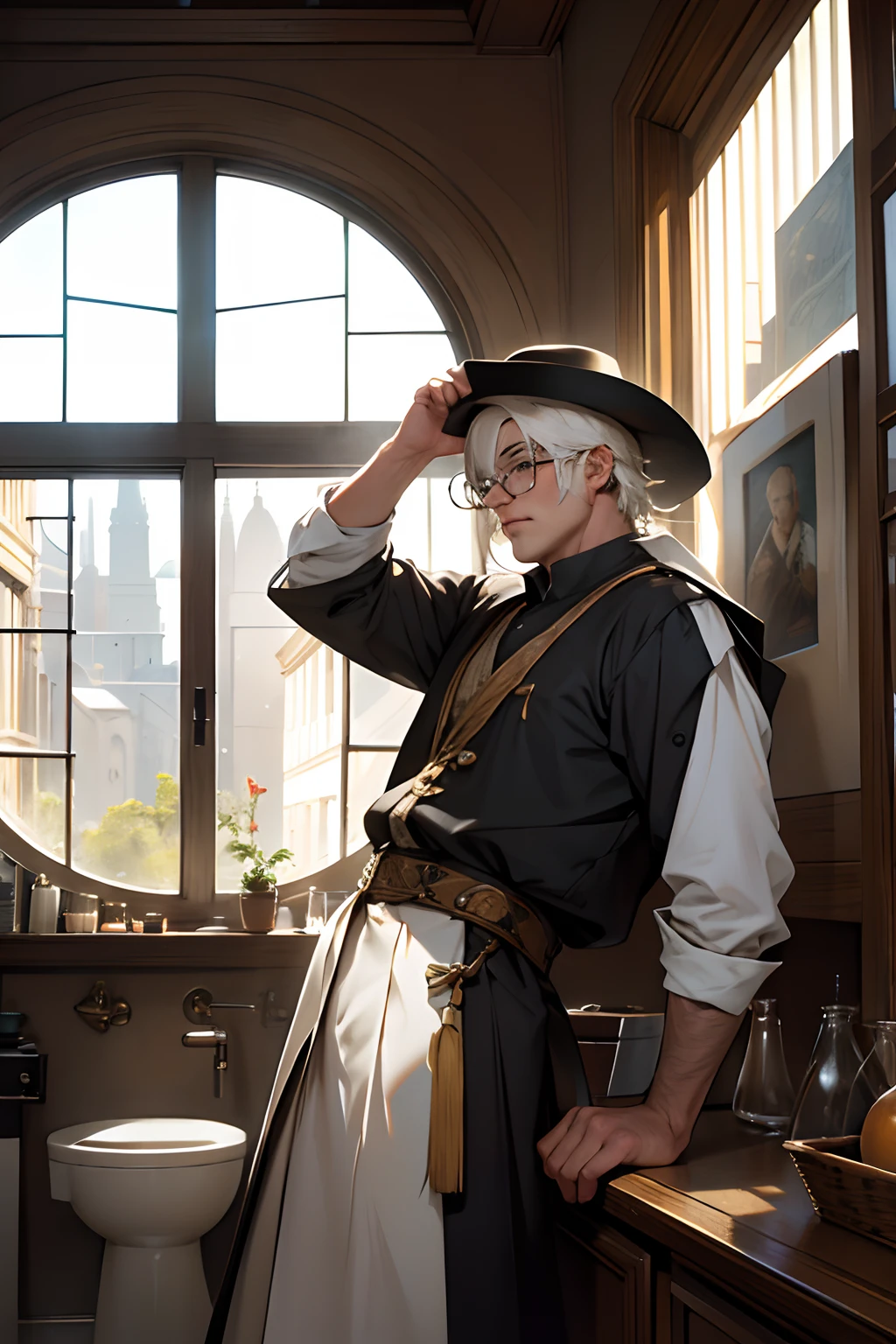 Pesquisador estiloso Henry Mintzberg, White-haired man with round window panes and a hat, usando oculos de grau
