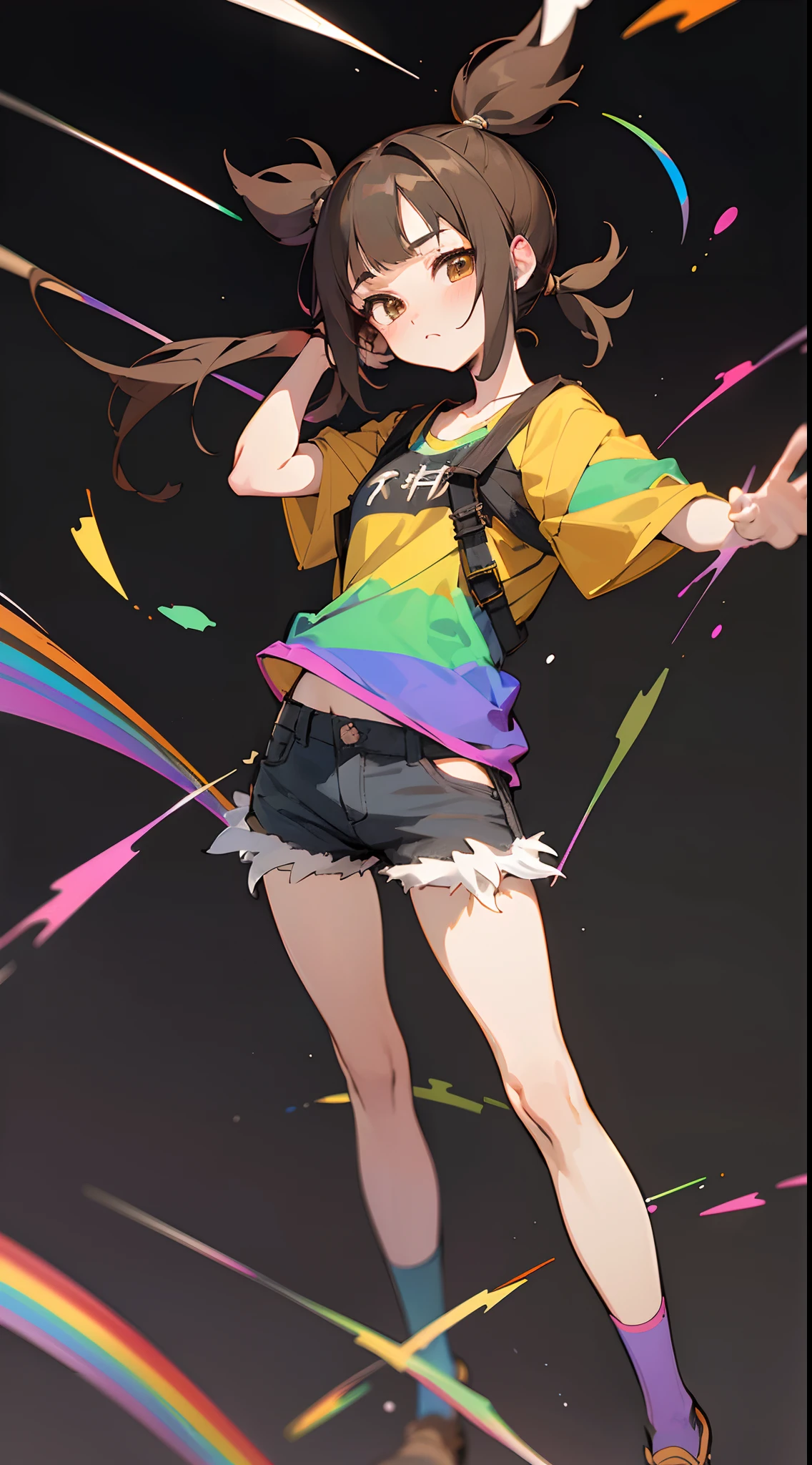 A girl with brown hair, a blue shirt with two horizontal purple stripes, Brown shorts, Brown boots, Black thigh highs, completely black background, rainbow aura,