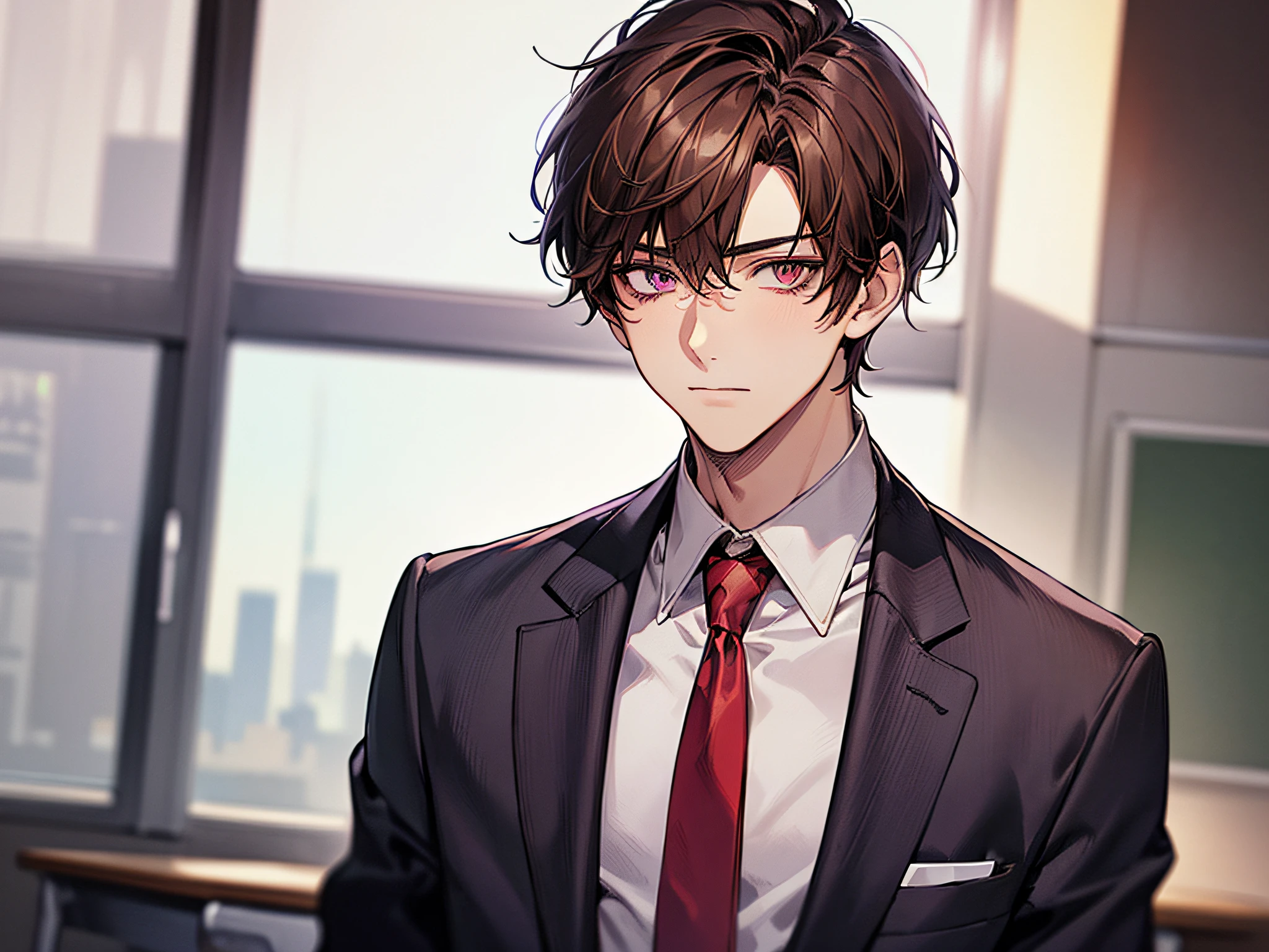 (((((solo)))),24-year-old boy, Warm skin, Pupil Purple, Mature Face, head portrait,,Male Focus, Looking at Viewer, upper body ,Brown hair, Short hair, Facial Focus, Adult, Business Suit, Jacket, White shirt, tie, Pants, Best Quality, Facial details.,Classroom,Sharp eyes